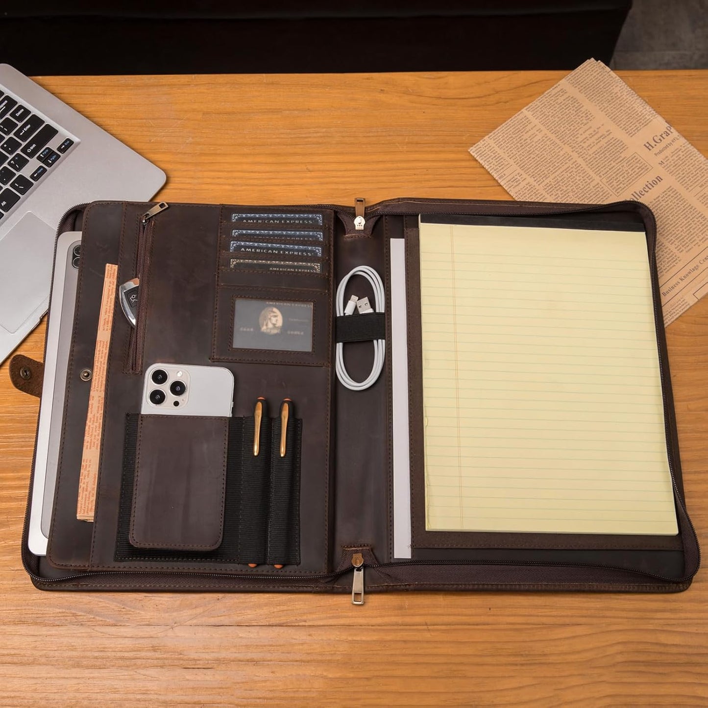 Genuine Leather Portfolio, Legal Size 8.5 x 14 Pad Holder, Business Padfolio for Men and Women, Zippered Laptop Organizer, Executive Professional Work Travel Notepad Folio, Dark Brown