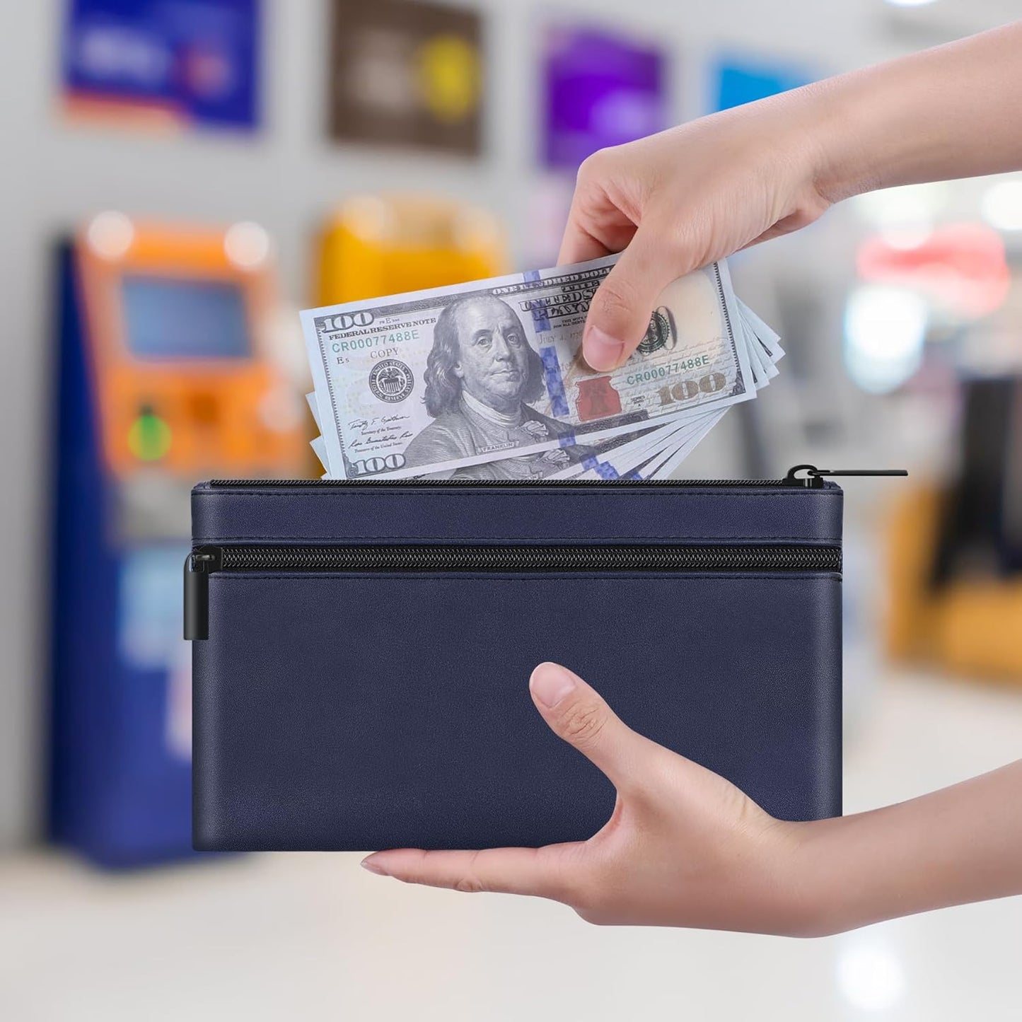 HAUTOCO 2 Pack Money Bag with Zipper 11x6.1 inch Money Pouch with Lined PU Leather Bank Bag Two Pockets Utility Wallet for Cash Check Receipt Coins Cosmetics, Dark Blue