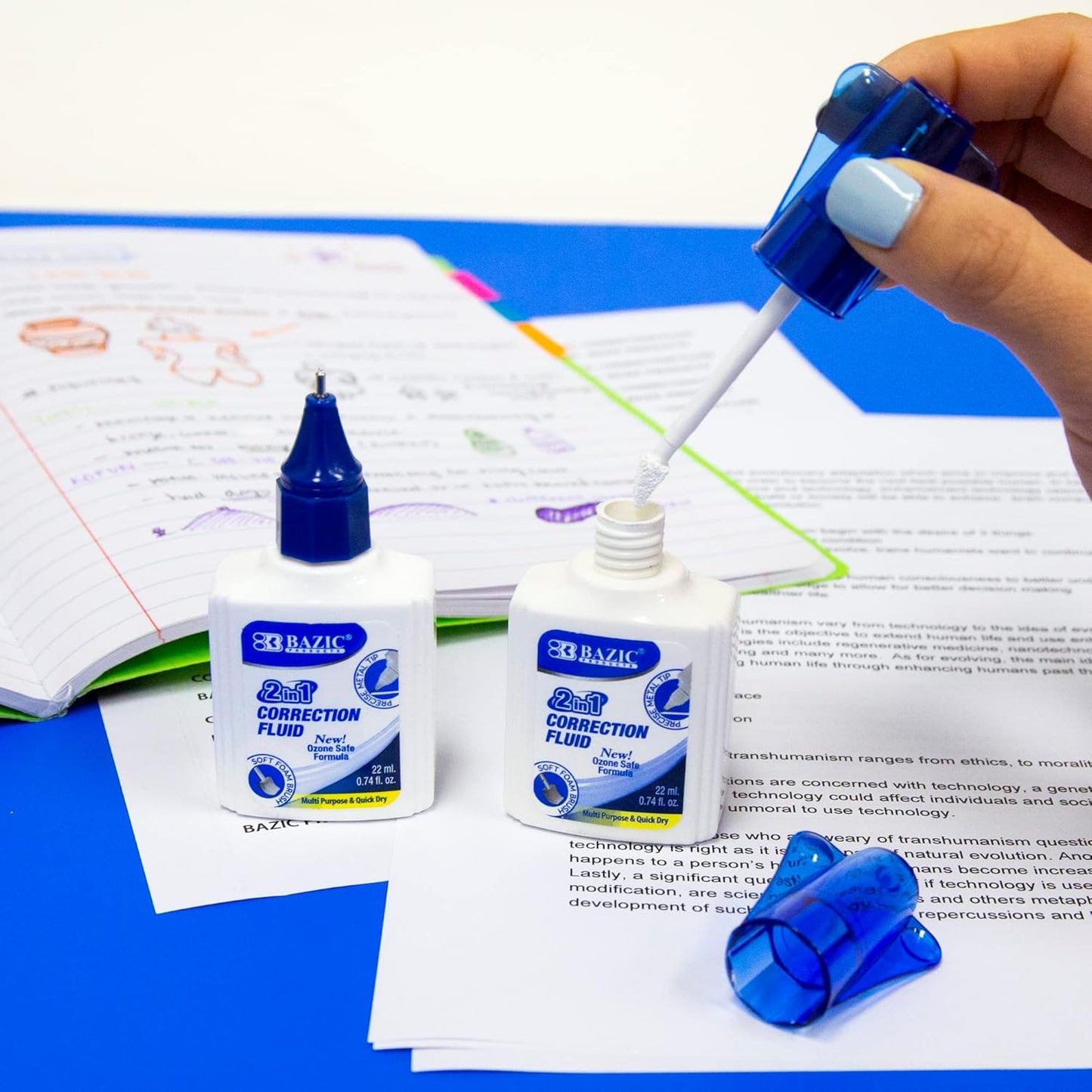 BAZIC Correction Liquid 2 in 1 (0.74 oz / 22 ml), Foam Brush & Precise Metal Tip Applicator, Instant Corrections Pen White Out Wipe Out Fluid, 2-Pack