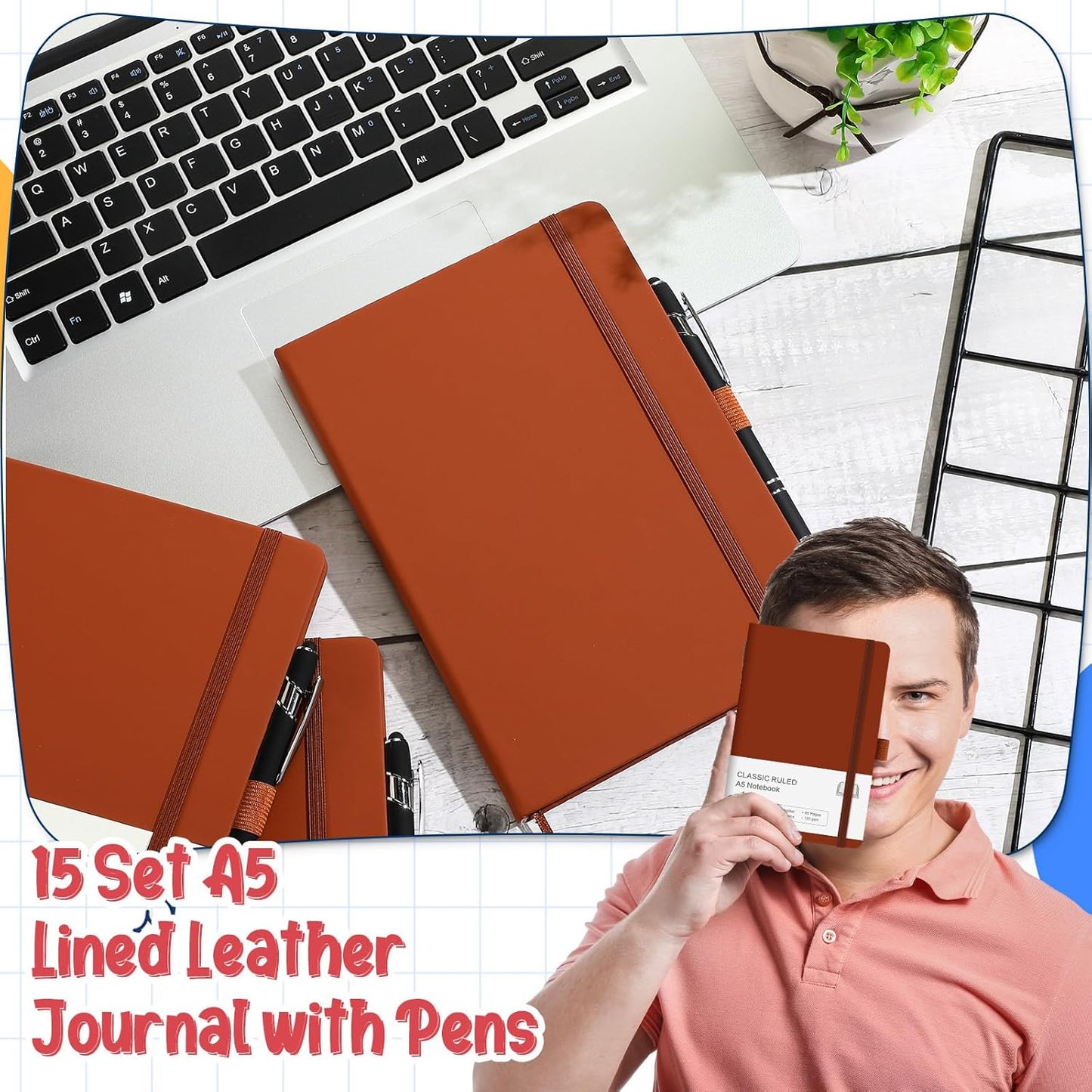 15 Pack Journal Notebook Bulk A5 Hardcover Notebook Classic Journal Set with Pen Holder with 15 Pcs Pens for School Business Work Travel Writing (Brown)