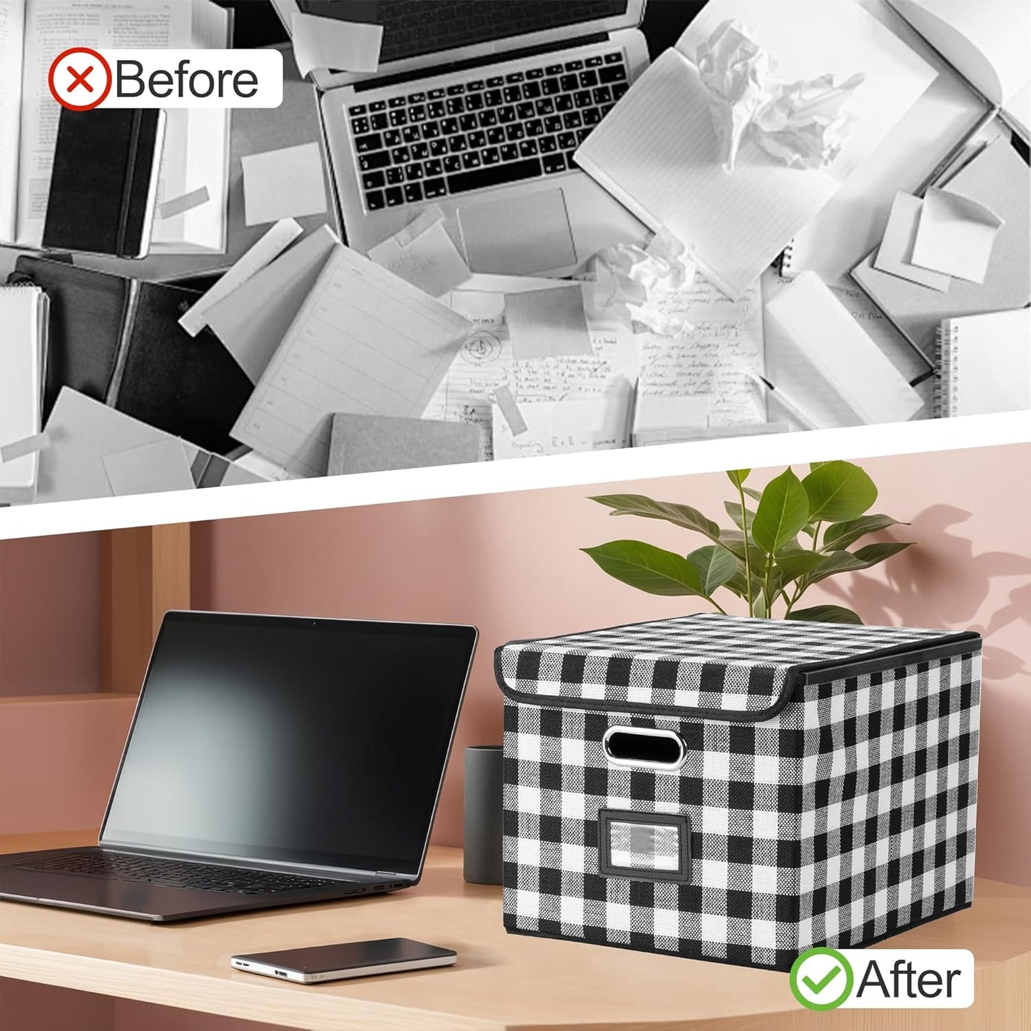 File Organizer Box, Linen Filing Organizer with Lid, Large Desktop File Boxes, Black and White Lattice,2 Pack