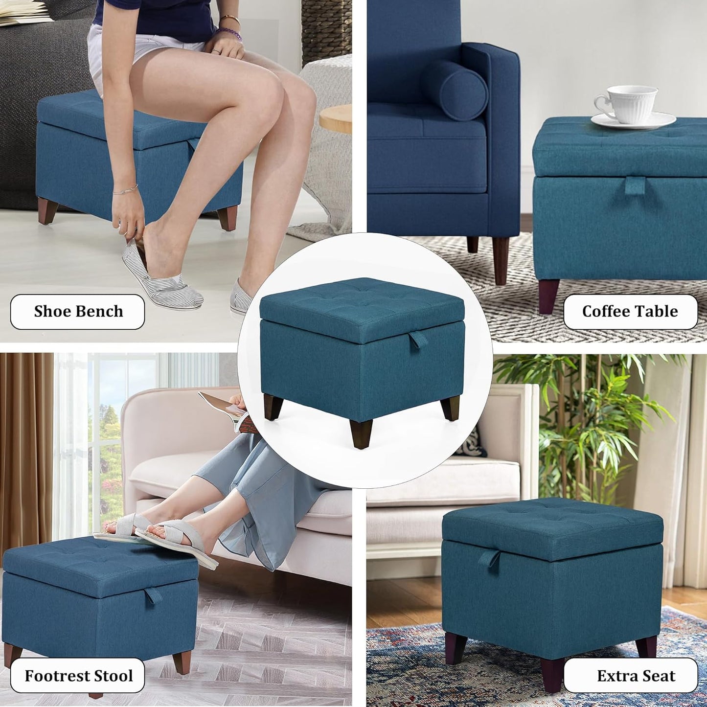 Adeco Square Fabric Storage Ottoman with Tufted Flip Top, 18x18x15