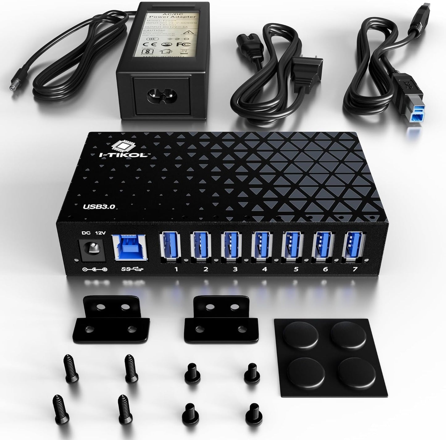 7 Port USB 3.0 Hub - Powered USB Hub –Multiple USB Splitter with Built-in 12V/3A/36W Power Adapter - Up to 5Gbps Sync & High-Speed Data Transfer - Mounting Brackets for Phone MB Laptop Tablet PC
