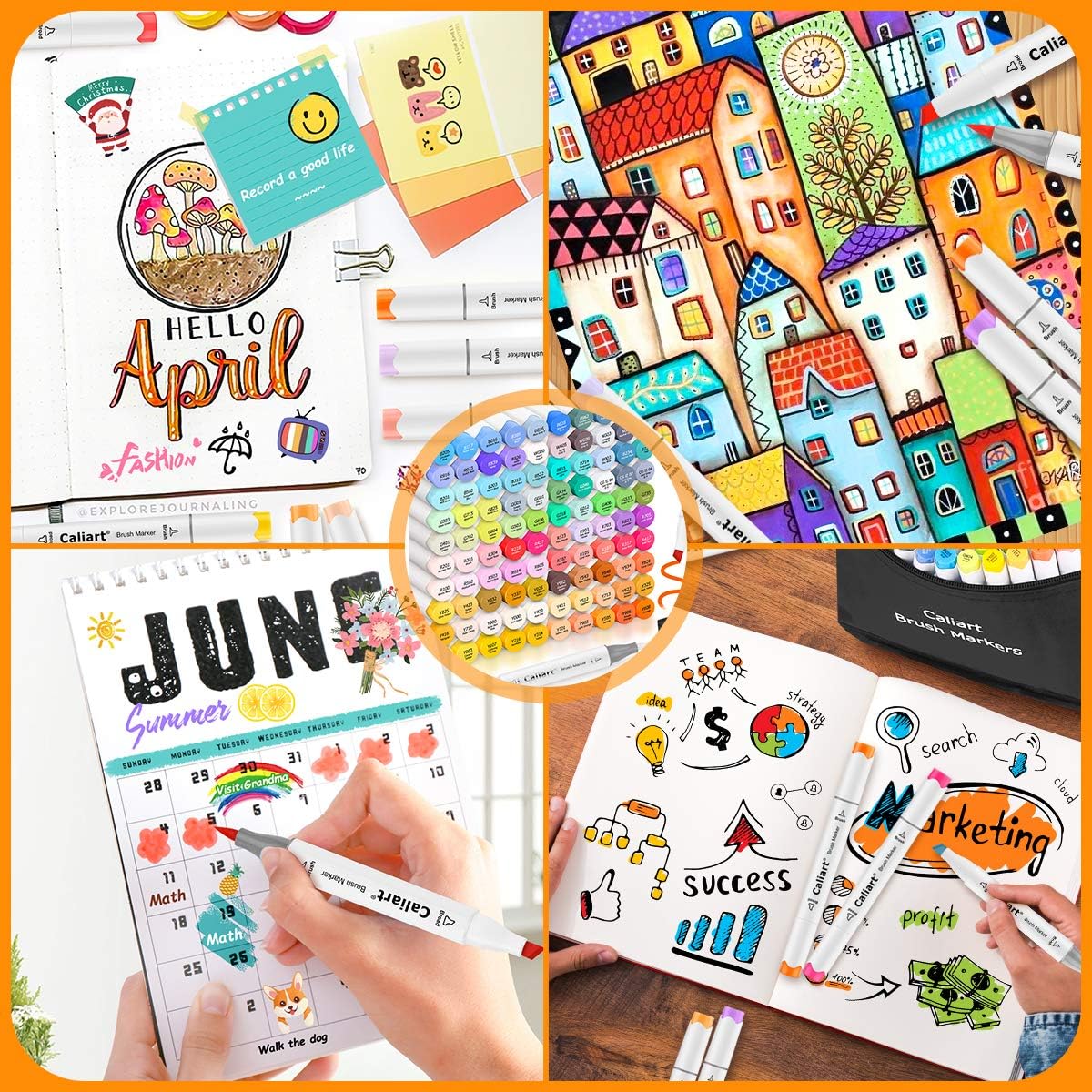 Caliart 51 Colors Brush & Fine Alcohol Markers for Adult Coloring Book, Dual Tip Artist Sketch Art Markers, Aesthetic Cute Preppy Stuff School Supplies, Pens for Lettering Drawing Cards Planner