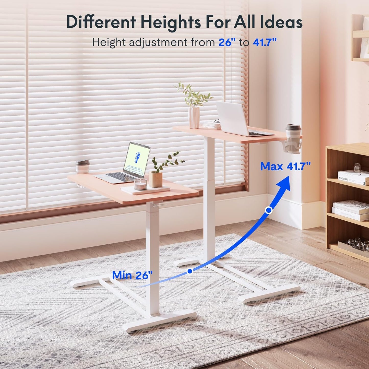 FLEXISPOT Mobile Standing Desk with Wheels Pneumatic Laptop Rolling Computer Cart Movable Height Adjustable Small Sit Stand Desk Computer Workstations Home Use(27.6" W x 15.7" D,Pink