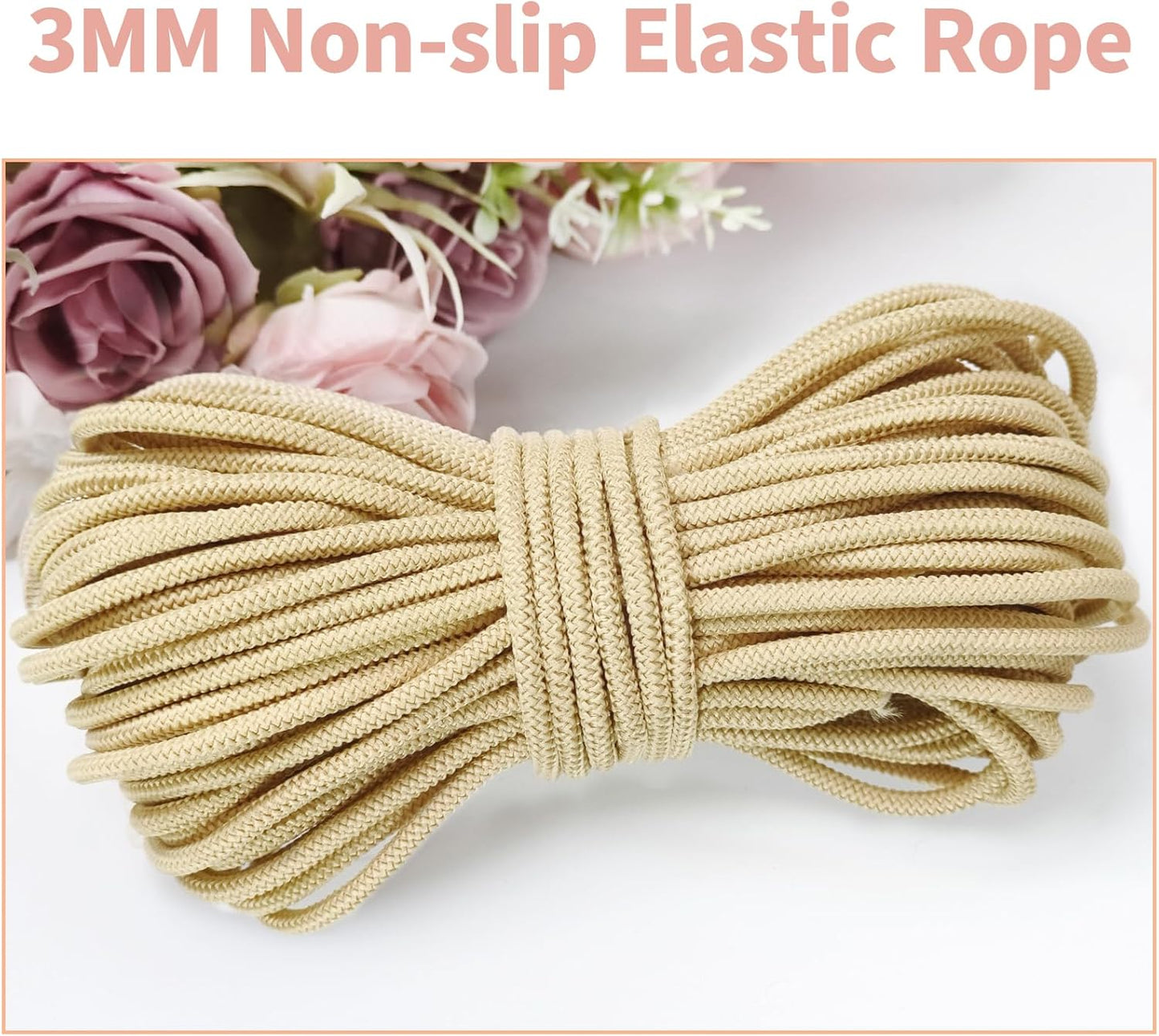 1/8 inch Non-Slip Elastic Band -3mm 15 Yards Soft Elastic Cord Stretch String Braided Thread for Sports Gear, DIY Crafts, Hair Bands, Shoelaces,Apparel Making & Camping Tie Down (Khaki)