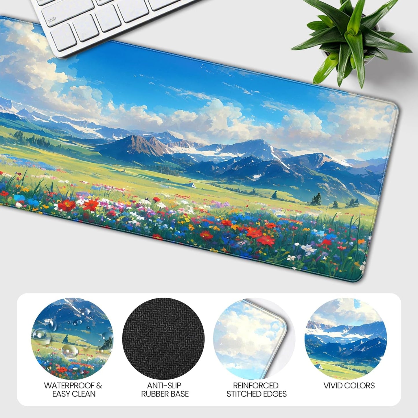 35.4 x 15.7 inches, Large Desktop Mouse pad, Keyboard and Mouse Pads for Work and Home Computers, and Large Laptop Mouse mat,Prairie and Flowers