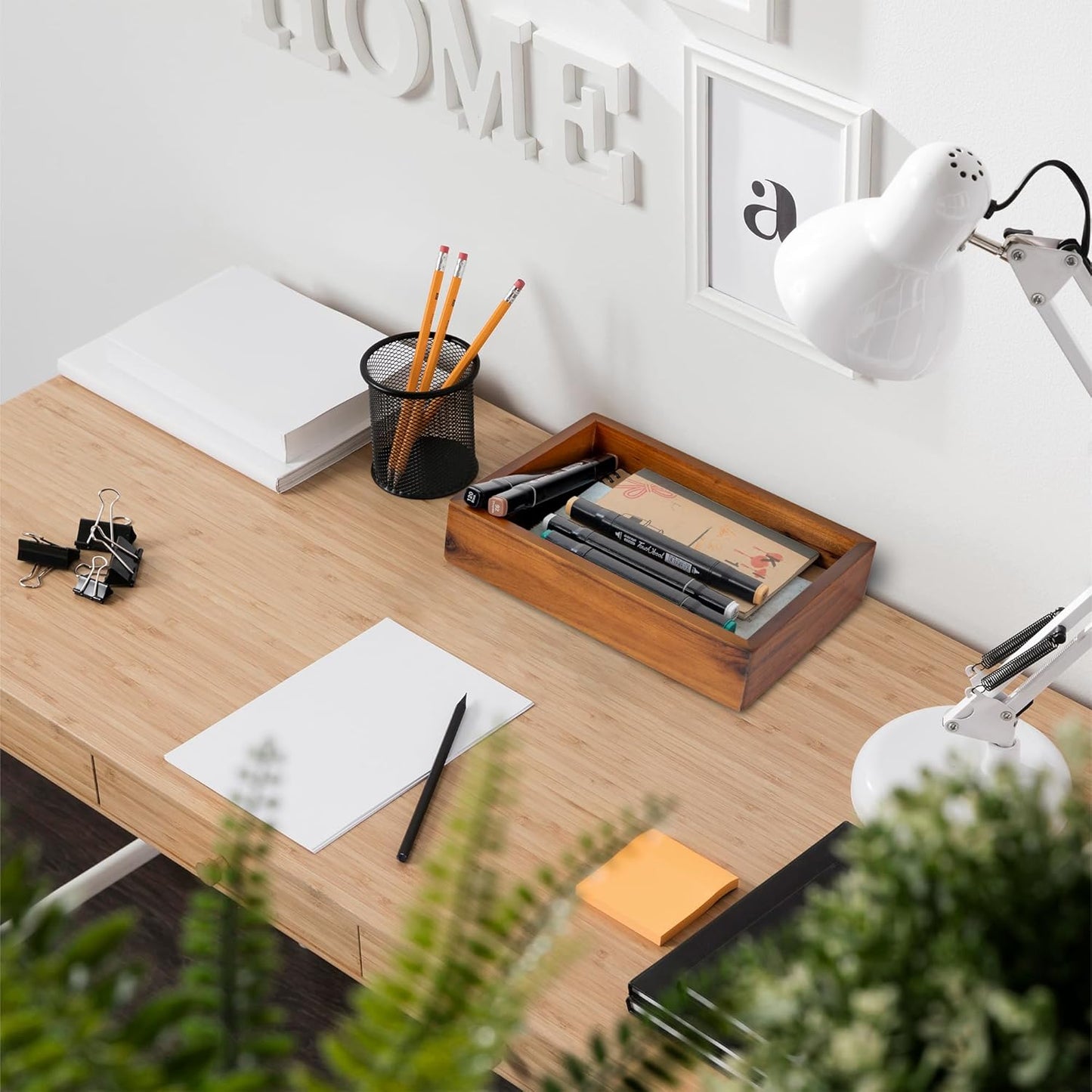 Demigo Acacia Wood Desk Organizer Tray - 9.5x6.7x2 Inch Letter & Stationery Holder for Office, Entryway, Desktop - Natural Wood Catchall for Pens, Mail, Keys