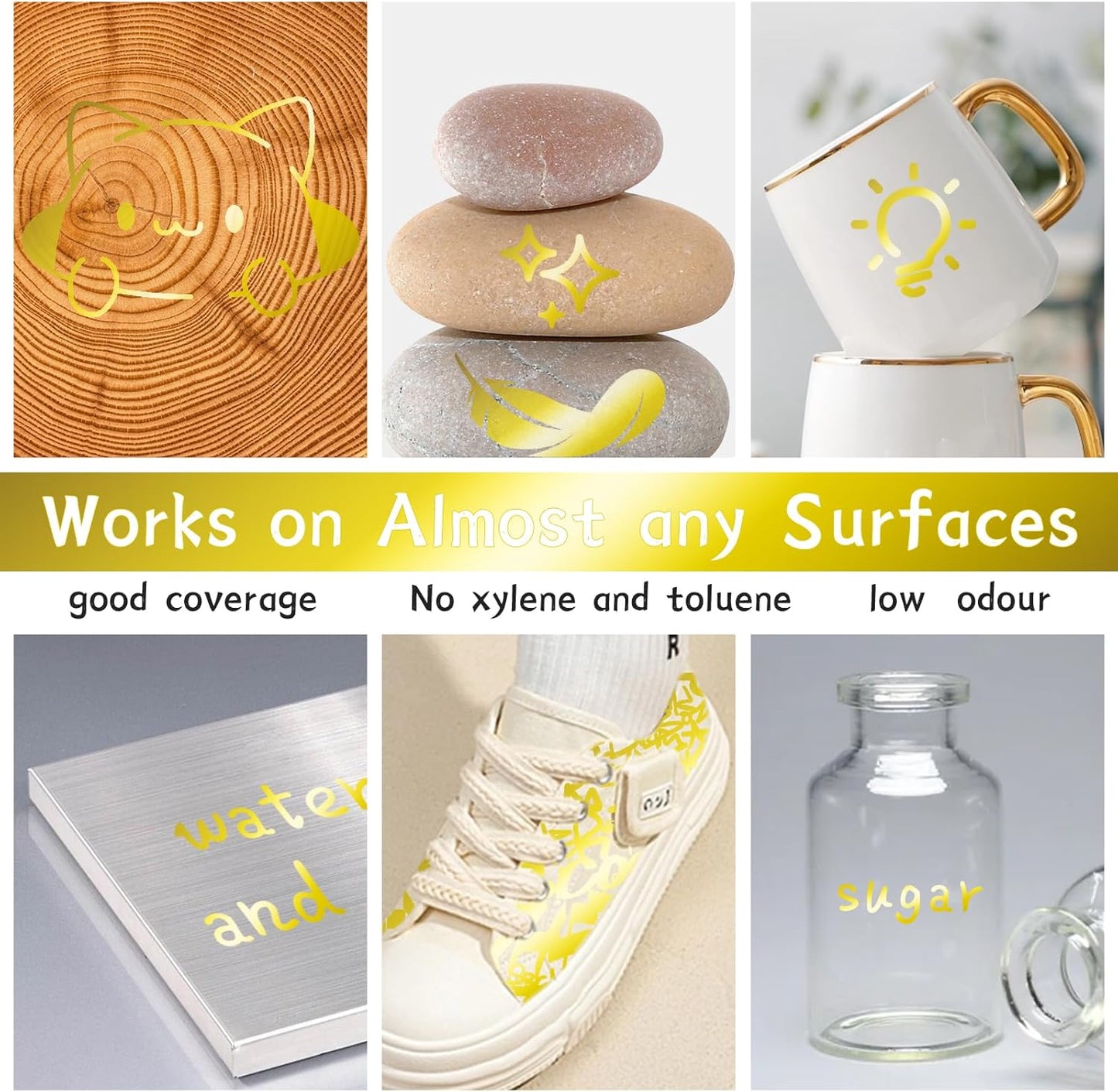 Gold Paint Pens Permanent Paint Markers 2 Pack Oil Based Markers, Quick Drying and Waterproof Marker Pen, Car Tire, Metal, Rock Painting, Wood, Ceramic, Plastic, Canvas, Mugs, Medium Tip