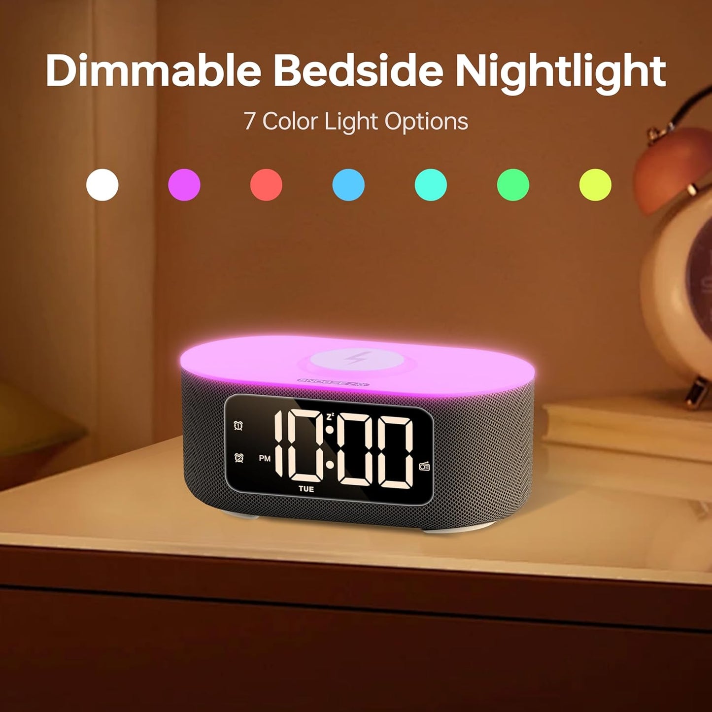 JALL Fabric Alarm Clock for Bedroom, with Big Led Screen Display, Bluetooth Stereo Sound Speaker, FM Radio, Fast Wireless Charging, USB Charging Port, Nightlight, White Noise, Ideal for Gift, Black