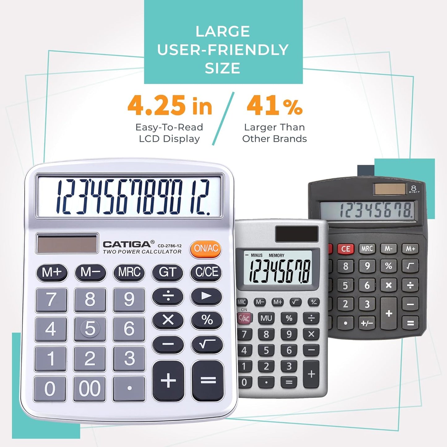 CATIGA 12 Digits Desktop Calculator with Large LCD Display, Dual Solar Power and Battery, Standard Function for Office, Home, School, CD-2786