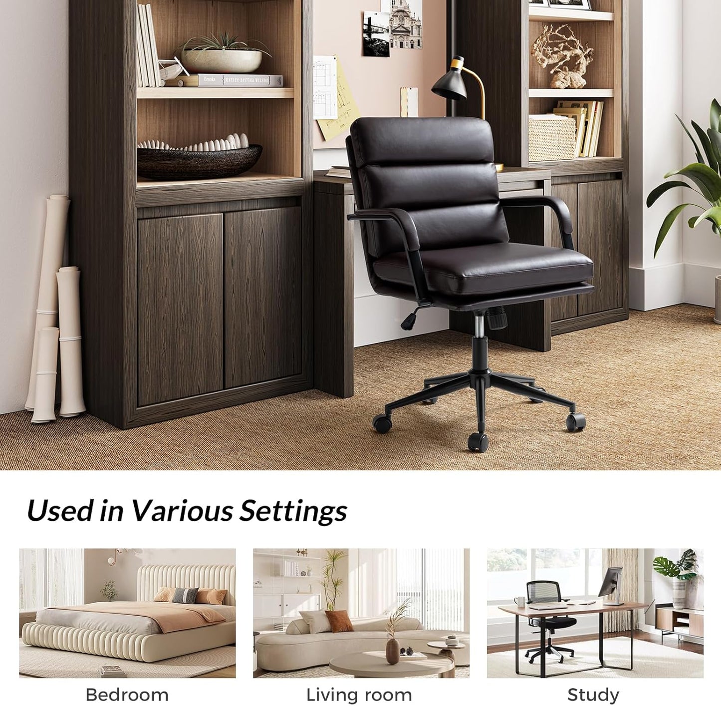 HULALA HOME Modern Faux Leather Home Office Chair with Tilt Lock & Metal Base, Desk Chair with Wheels & Padded Cushion, 360° Swivel Wide Seat Computer Task Chair, Brown