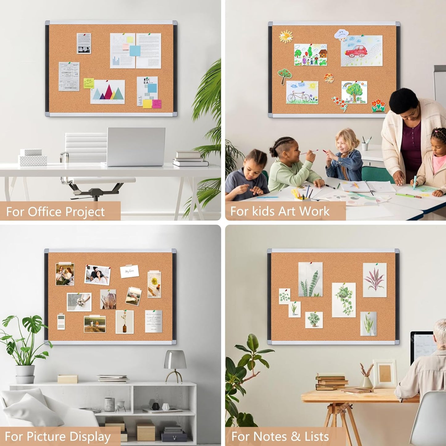 Board2by 2 Pack Cork Bulletin Board 24" x 18", Black/Sliver Aluminium Framed Corkboard, Office Board for Wall Decor, Large Wall Mounted Notice Pin Board with 36 Push Pins for School, Home & Office