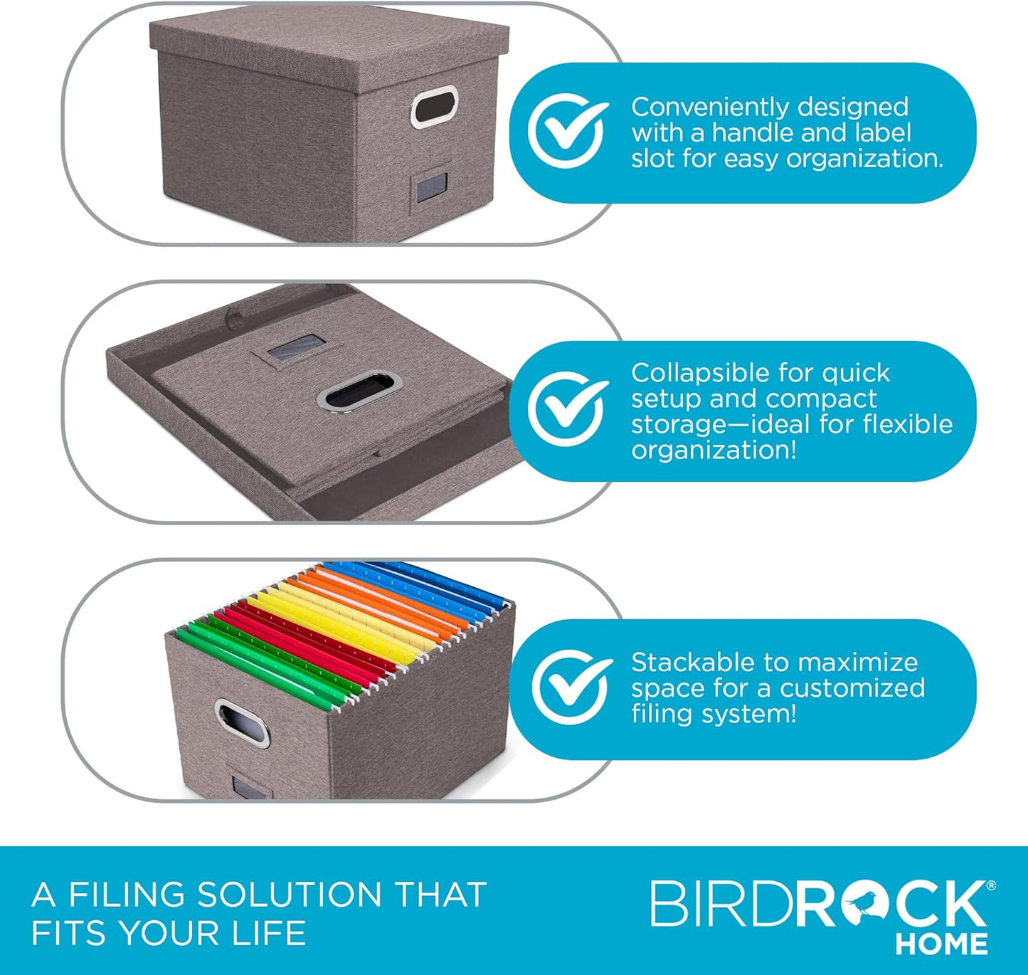 Internet's Best Collapsible File Box Storage Organizer with Lid - Decorative Linen Filing & Storage Office Boxes – Hanging Letter/Legal Folder – Home Office Bins Cabinet – Grey Container - 1 Pack