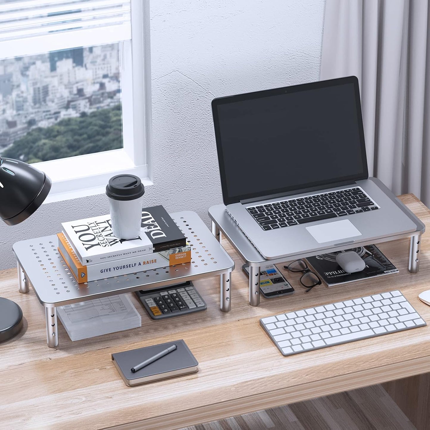 HUANUO Monitor Riser - 3 Height Adjustable Stand for Laptop, Computer, iMac, PC, Printer, Desktop Ergonomic Metal Monitor Riser with Mesh Platform