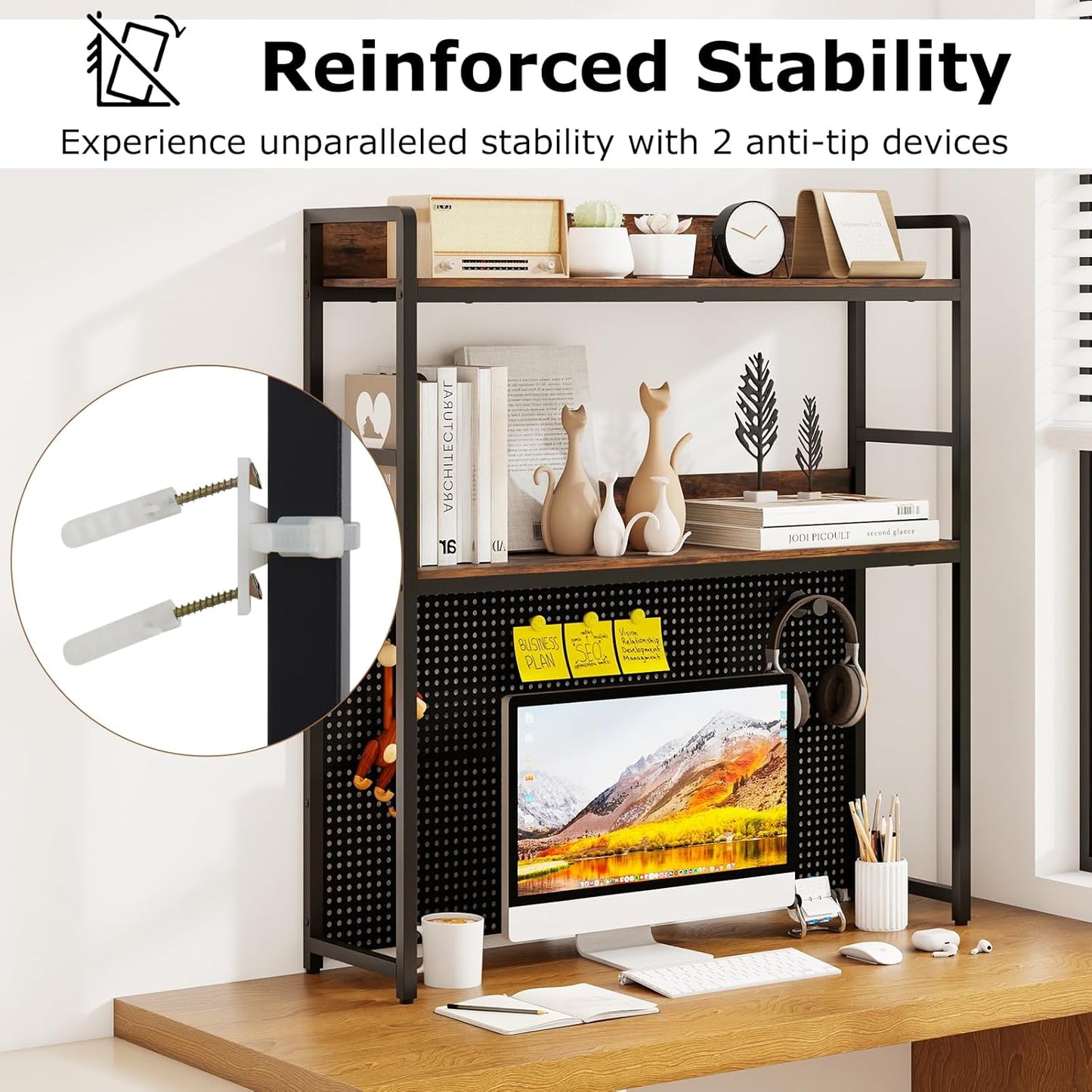 GOFLAME Desktop Bookshelf with Pegboard, 37 Inch Industrial Desk Hutch for Computer Monitor, 2-Tier Countertop Organizer Shelf with Safety Guardrails for Home Office, Dorm, Study, Rustic Brown