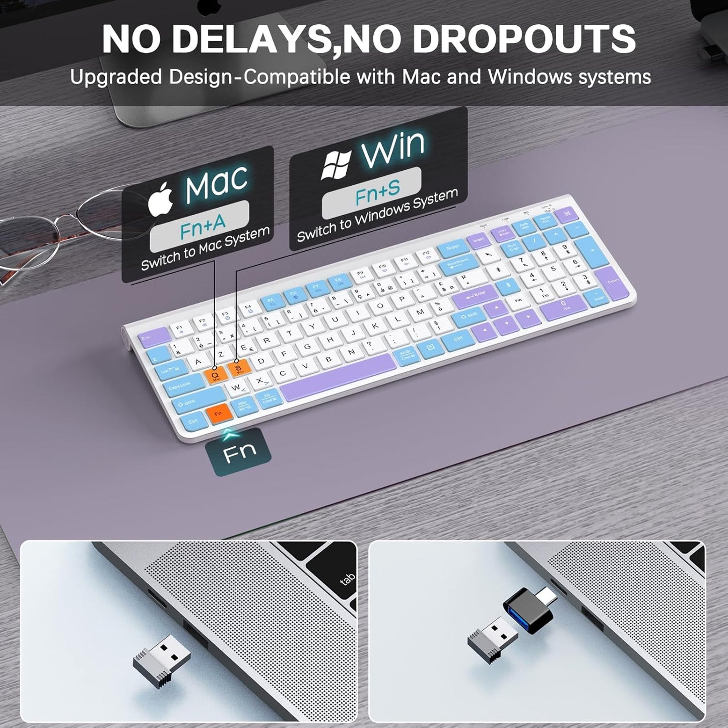 Colorful Wireless Keyboard with Low-Profile Keys-Soft Touch,Cute,Quiet Design,Windows & Mac OS,Office Cordless Slient Computer Keyboard for Desktop,Laptop, PC, Mac, Windows-Purple Blue White