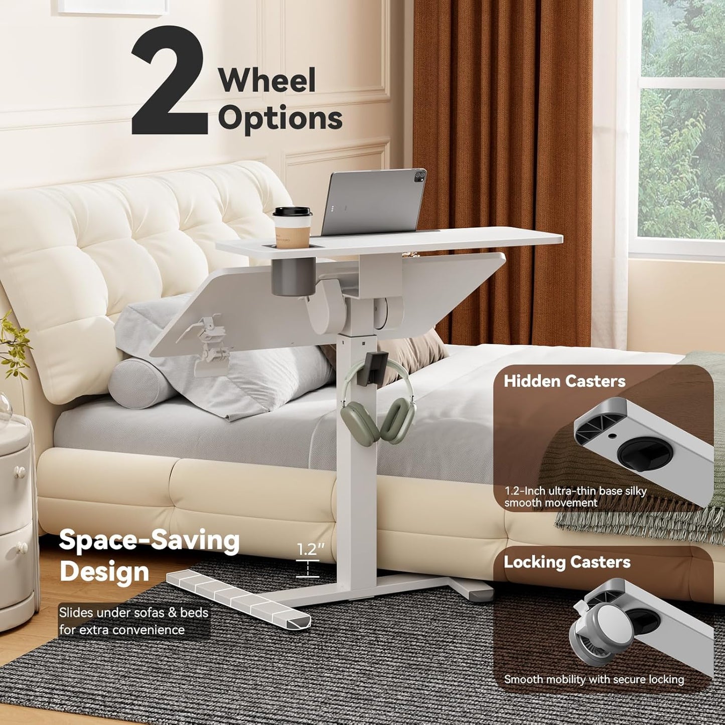 28Inch Mobile Standing Desk On Wheels, Rolling Laptop Stand with Tiltable Desktop, Small Computer Workstation Adjustable Height, 2-Tier Portable Study Table with Storage Shelves, White