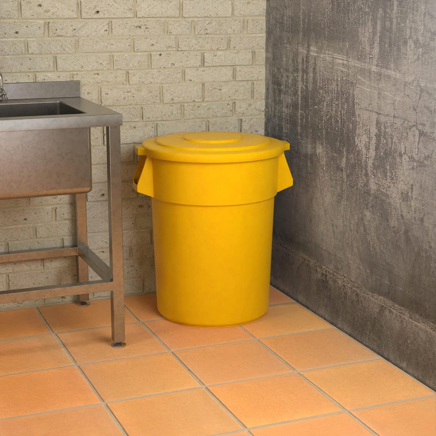 55 Gallon Yellow Round Commercial Trash Can with Lid