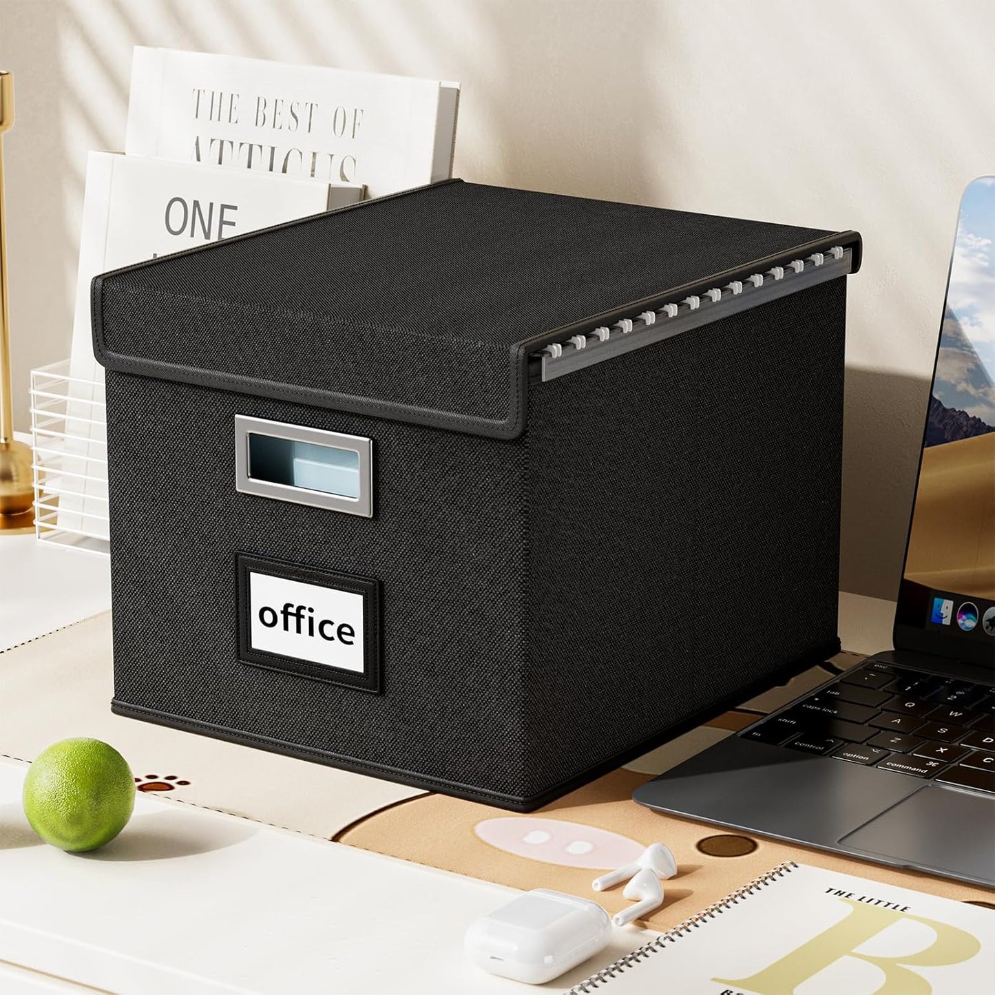 Huolewa New Portable File Organizer Boxes Set of 4, Collapsible Linen Hanging Filing Storage Boxes with Plastic Slide, Decorative Home/Office Filing System for File and Folders Storage (Black)