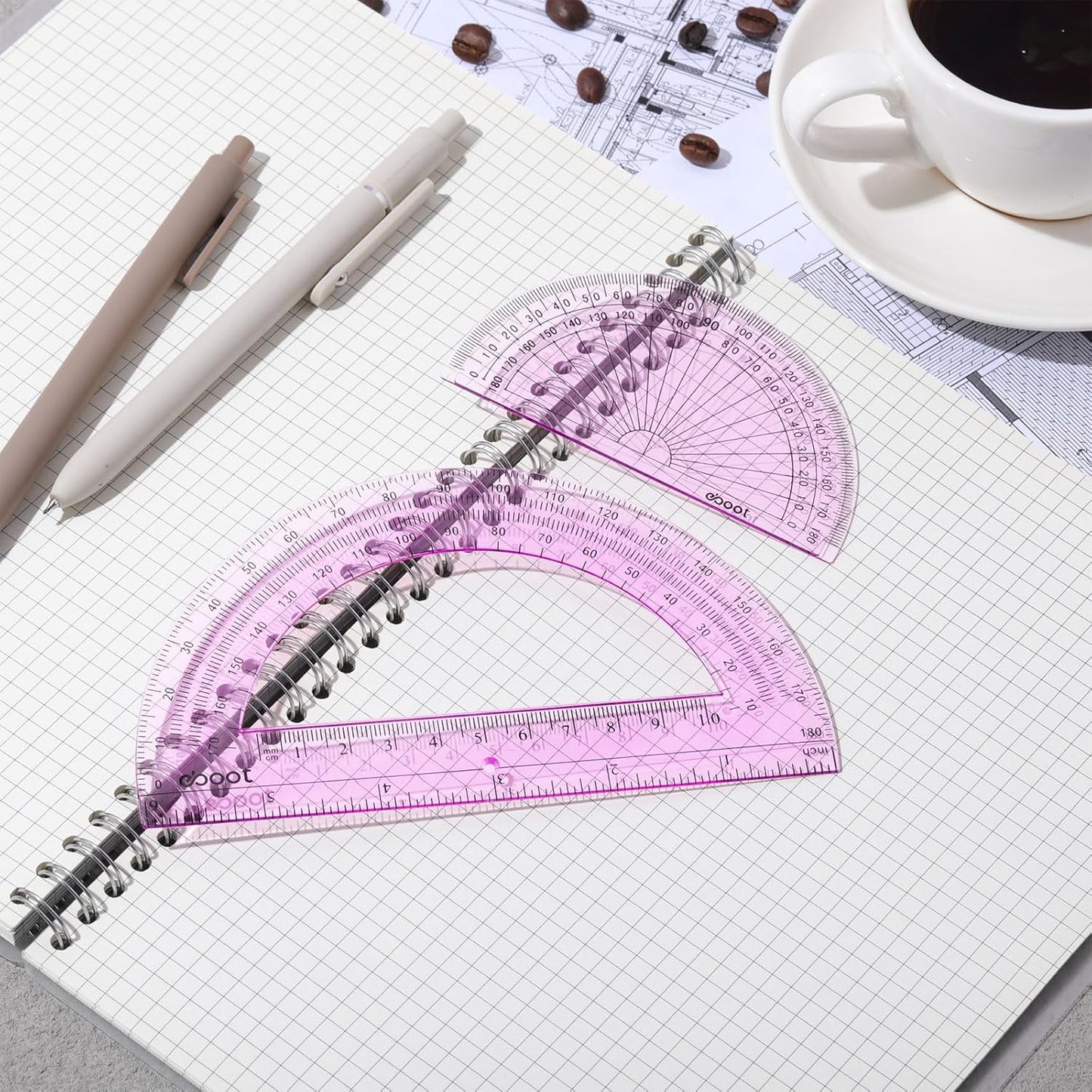 EBOOT 2 Pcs Plastic Protractor Clear 180 Degrees Transparent Protractor for Geometry, 4 Inch and 6 Inch(Pink)