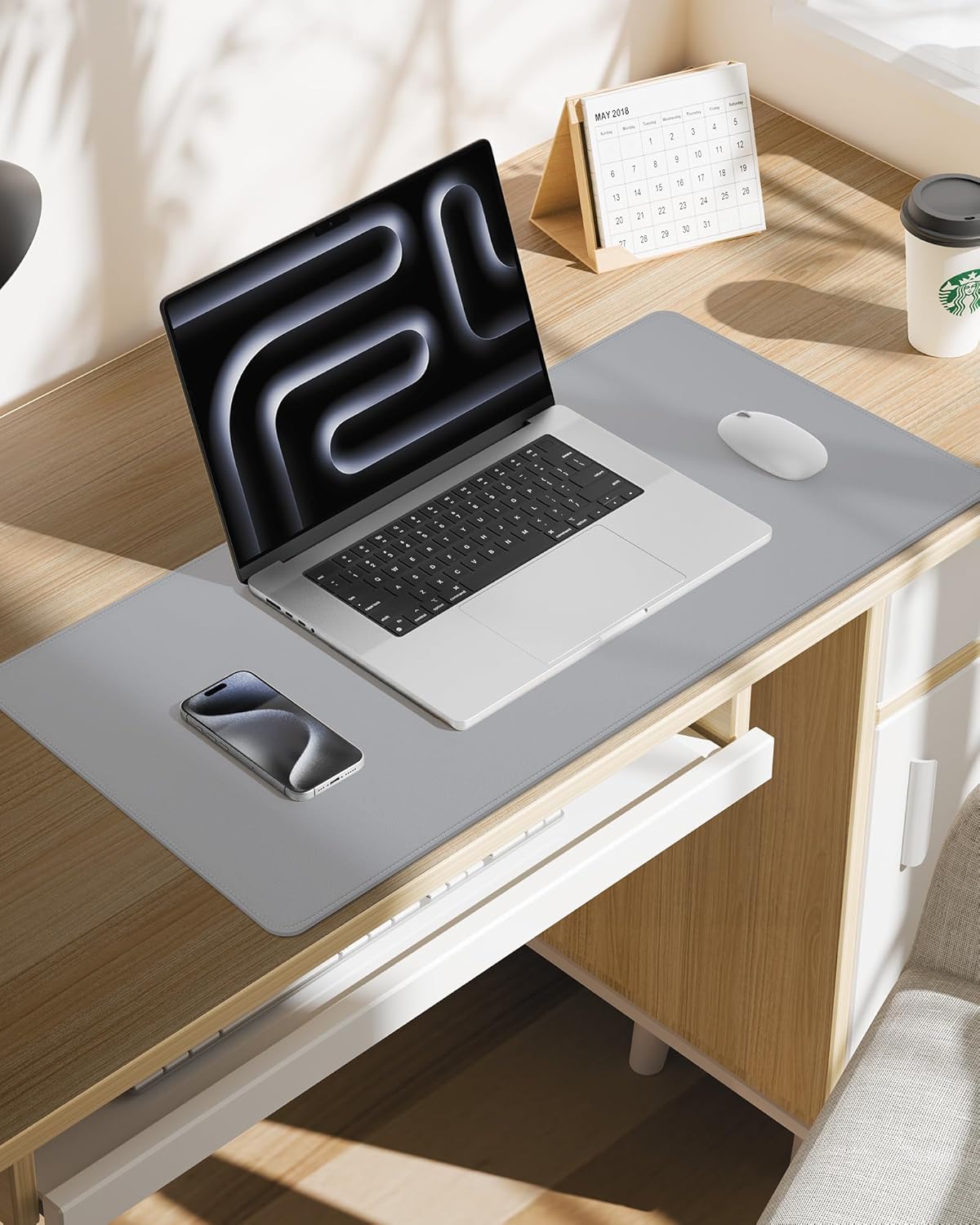 Desk Pad Mat 23.6"x13.7" - Waterproof Mouse Pad & Desk Protector, Non-Slip PU Leather for Gaming Keyboard/Mouse, Stitched Edge XL Office Desk Pad with Ergonomic Support(Light Grey)