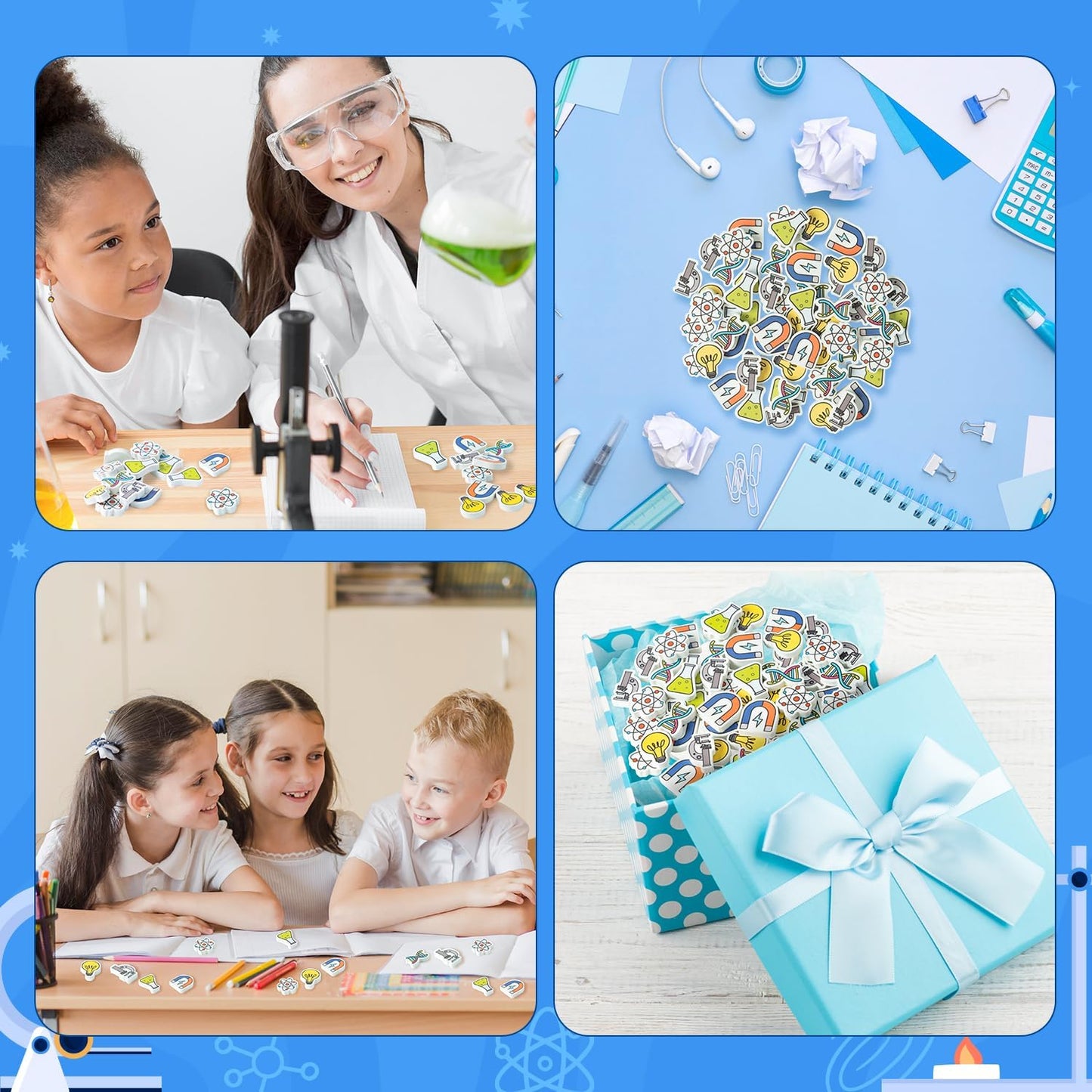 ANGOLIO Science Mini Eraser - 60P Summer Back to School for Kids Bulk Novelty Including microscopes U Shaped Magnets Lamp Bulb Pattern Pencil Eraser for Student Homework Summer Reward Classroom Prizes
