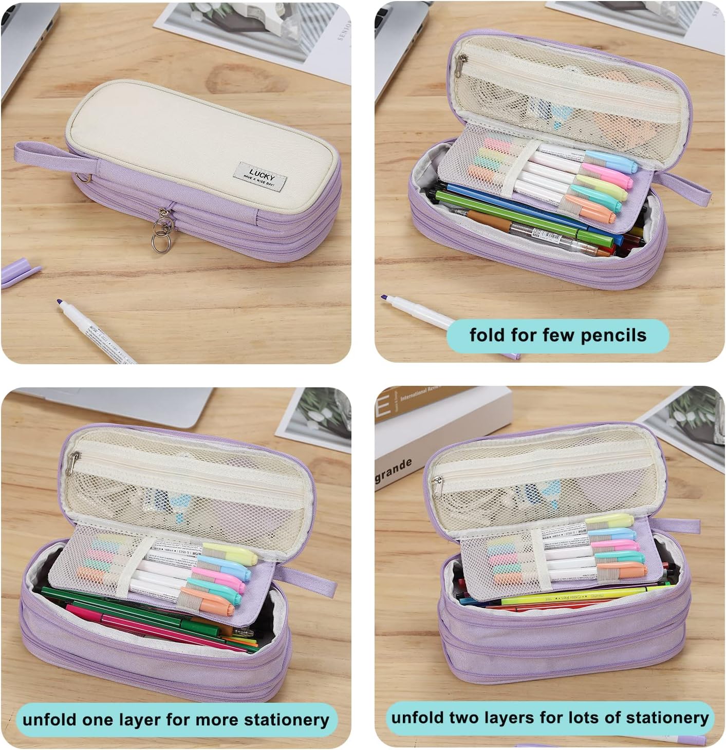 Big Pencil Case Zipper Pencil Pouch Organizer Large Capacity Pen Bag with Handle Portable for Girls Kids Adults Gift Pen Case for School Home Office Purple