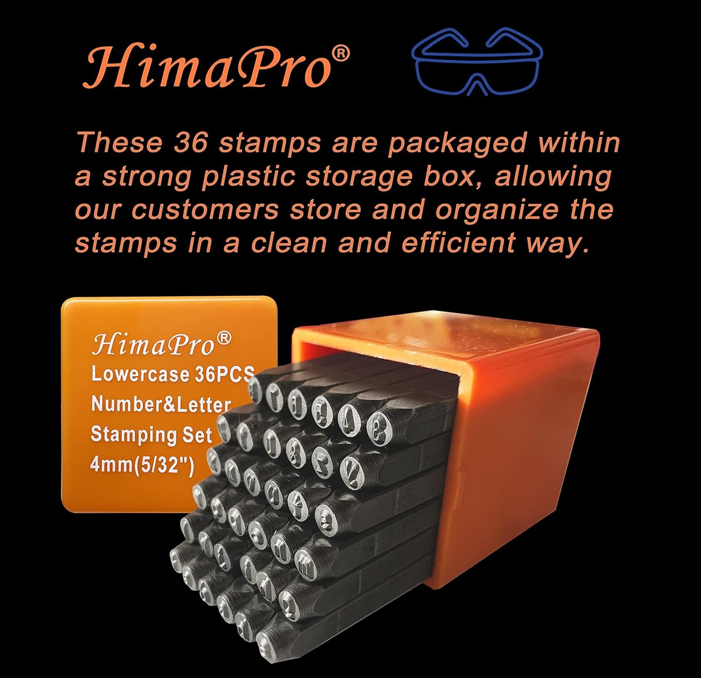 HimaPro Number and Letter Stamp Set 36 PCs Lowercase Industrial Grade Letters 'a'-'z', '&', '0'-'9' in a Plastic Box(4mm - 5/32 Inch)