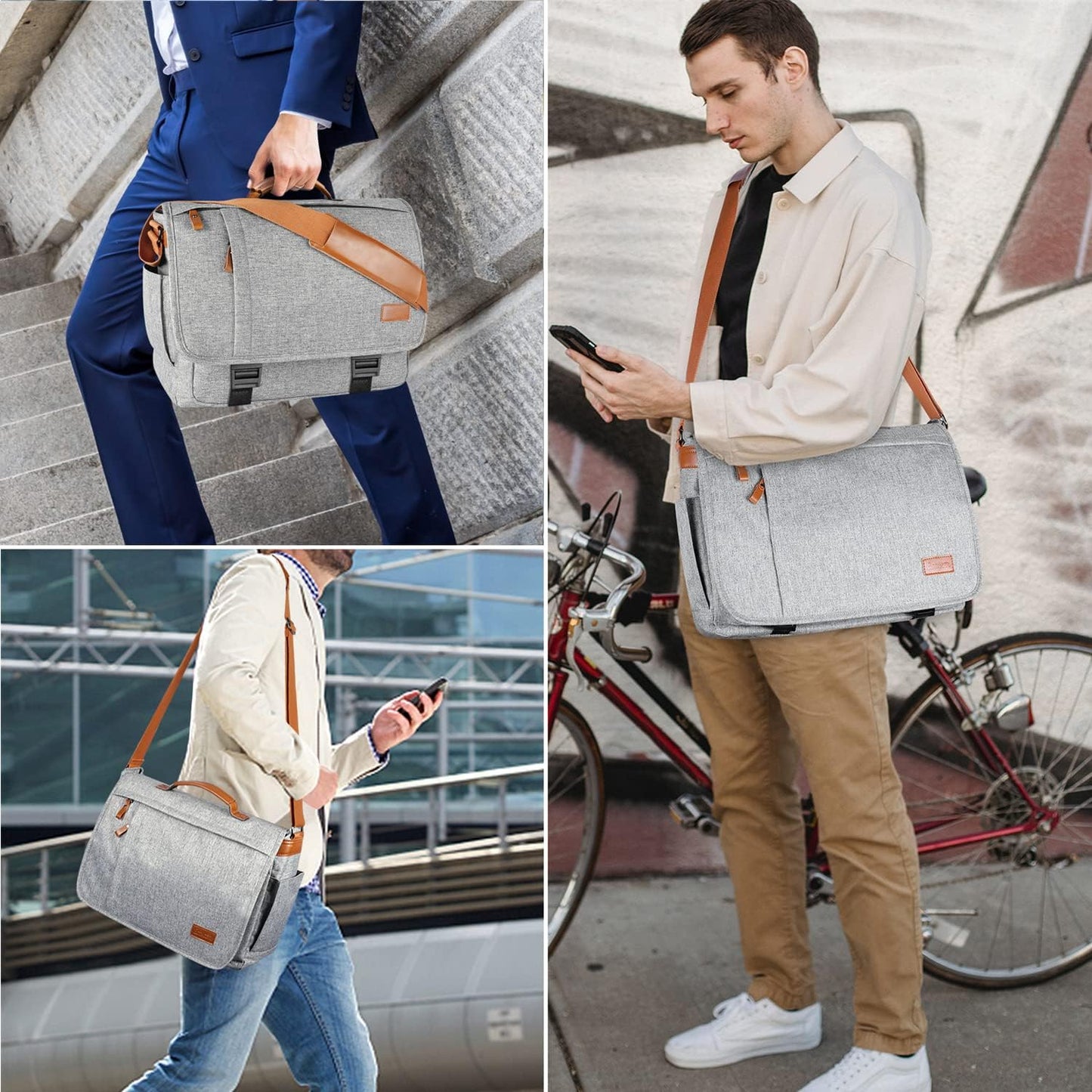 ESTARER Messenger Bag 17-17.3 Inch, Men's Computer Bag Water-resistant Canvas, Laptop Shoulder Bag for Travel Work College, Light Grey