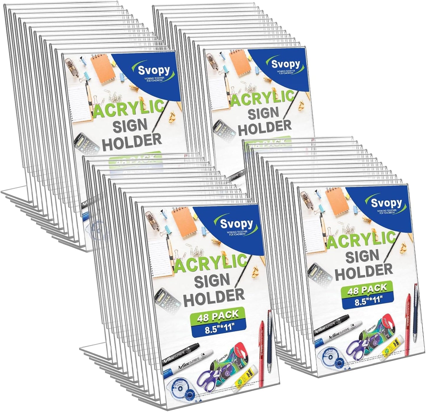 Acrylic Sign Stand Holders - 8.5 x 11 Inches Clear Plastic Table Paper Display Stand Suit for Displaying Posters, Picture, Flyers, Menu - 48 Pack