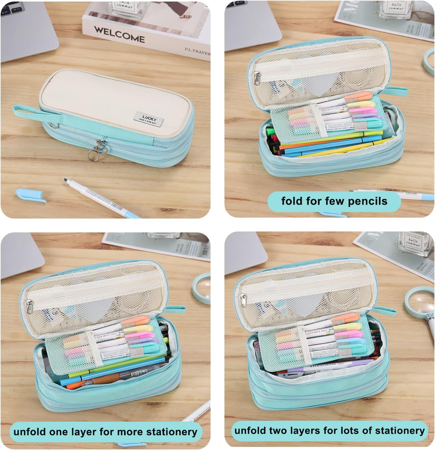 Big Pencil Case Zipper Pencil Pouch Organizer Large Capacity Pen Bag with Handle Portable for Girls Kids Adults Gift Pen Case for School Home Office Light-blue