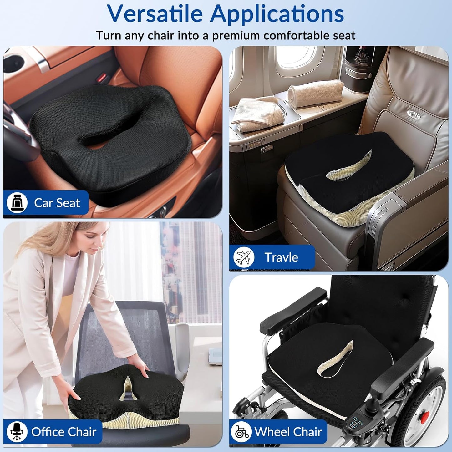 Ergonomic Memory Foam Seat Cushion for Office Chair, Extra Large Pad with U-Shaped Design for Pressure Relief, Coccyx Sciatica & Back Pain Relief, for Home, Car Long Sitting (Black/Gray)