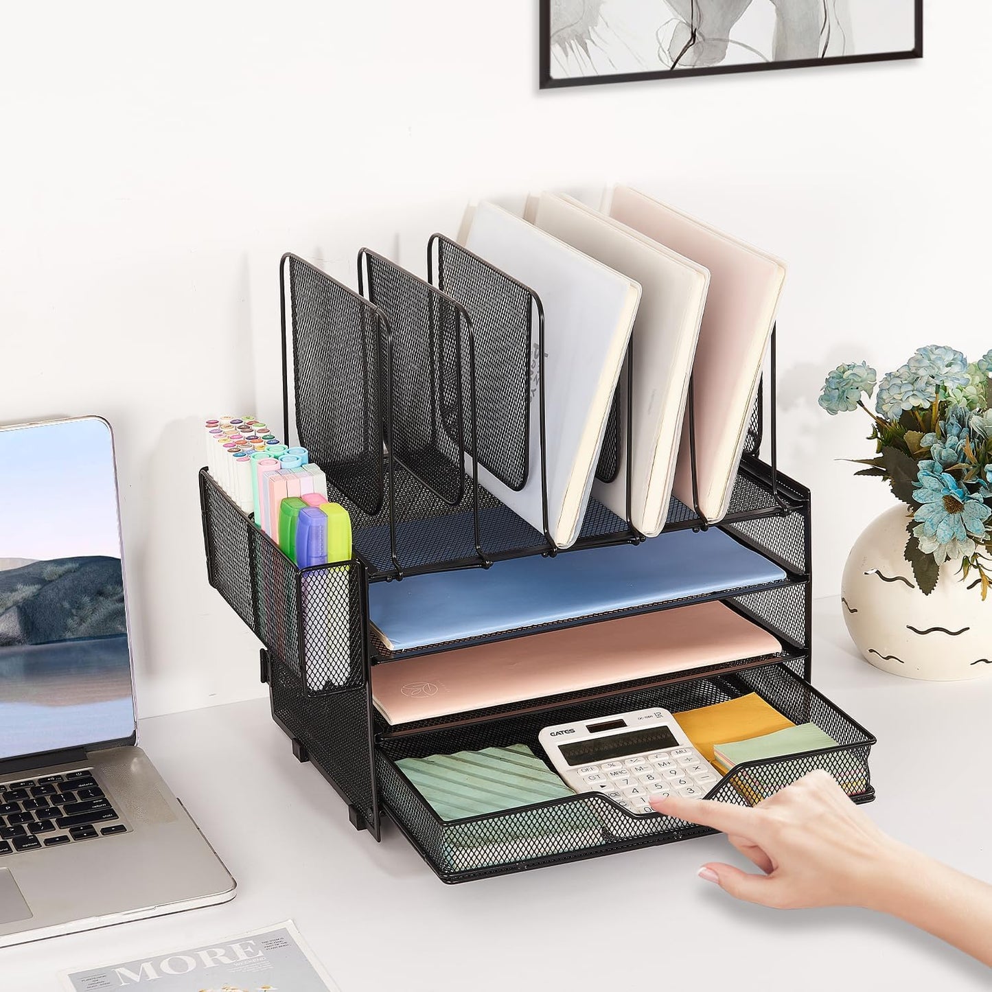 Desk Organizers and Accessories, 3-Tier Paper Organizer with 5 Vertical File Holders, File Organizer for Desk (Black With Drawer, 3T With Drawer)