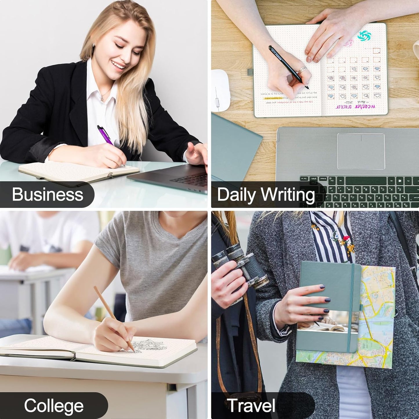 EMSHOI Dotted Notebook - 256 Pages A5 Dot Grid Journal Bullet Notebook with 120gsm Thick Dotted Paper,16 Perforated Pages, Hardcover Leather, Pen Holder, Inner Pocket, 5.75'' × 8.38''-Dark Grey