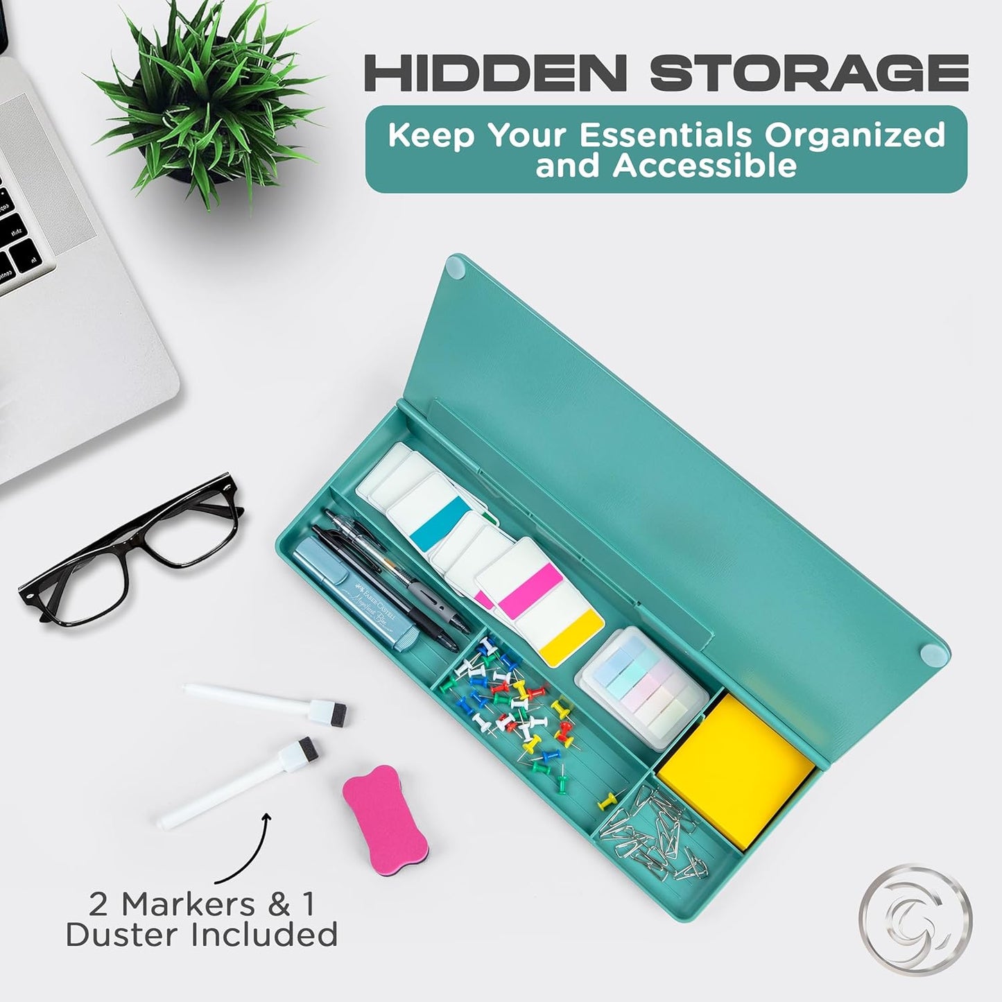 Glass Desktop Whiteboard for Quick Notes & Reminder โ Desk Storage with Drawer โ Compact Desk Organizer Whiteboard โ Small Dry Erase Board - Desktop Accessories for Home Office (Turquoise)
