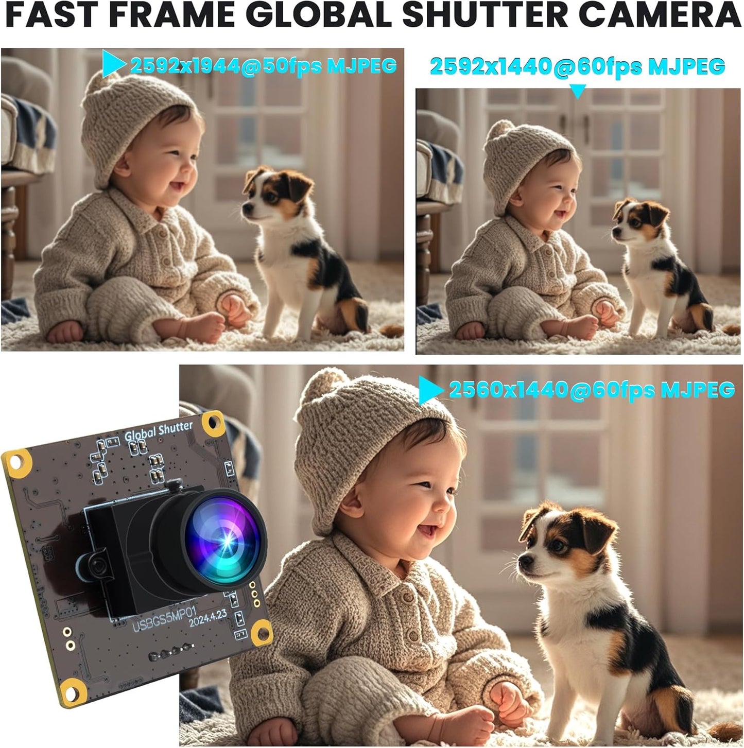 ELP 5MP Global Shutter 50fps USB Camera for Computer UVC USB2.0 Lightburn High Speed 60fps PC Web Camera Wide Angle for Live Streaming (100 Low Distortion Lens)