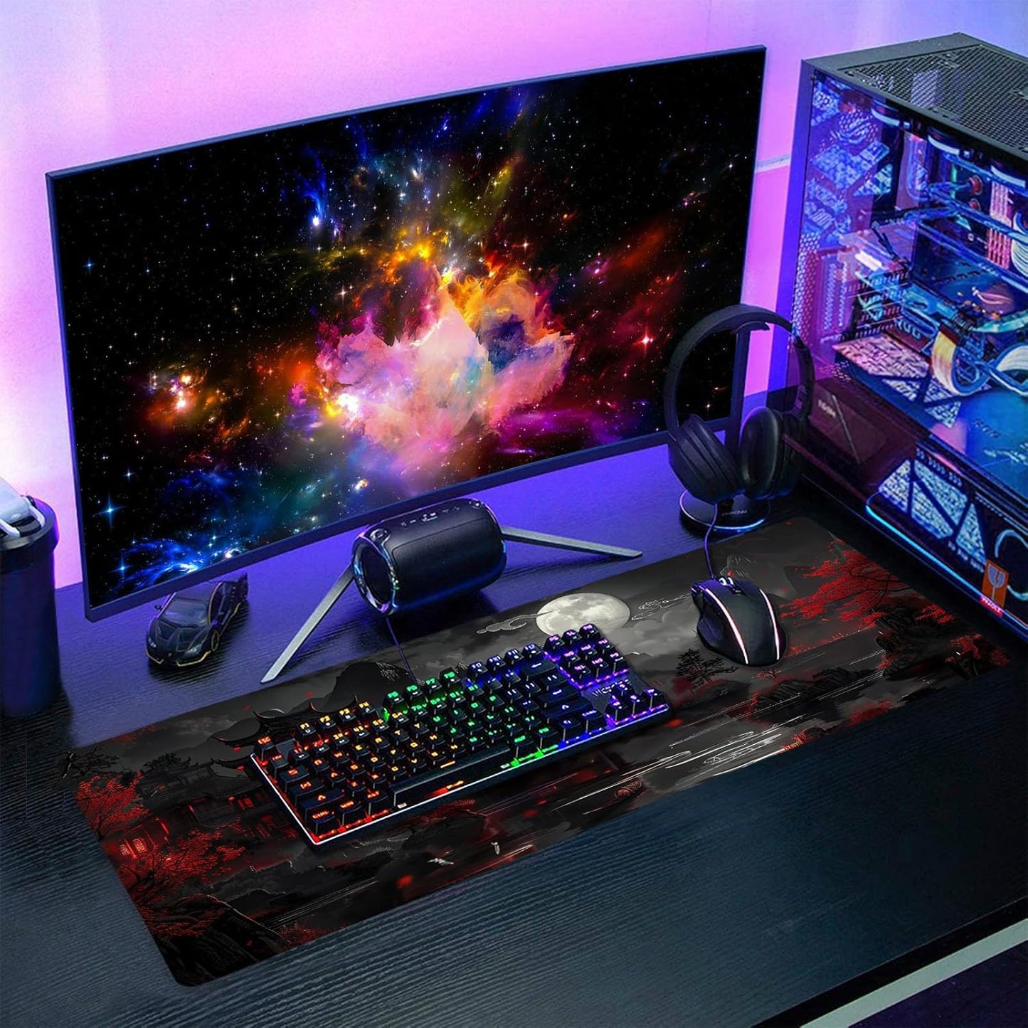 Full Moon Night Gaming Mouse Pad XLBlack Red Mountain Japanese Extended Large Mat Mousepad Desk Pad Non-Slip Rubber Base Stitched Edge Long Keyboard Pad for Computer,31.5×11.8 Inch