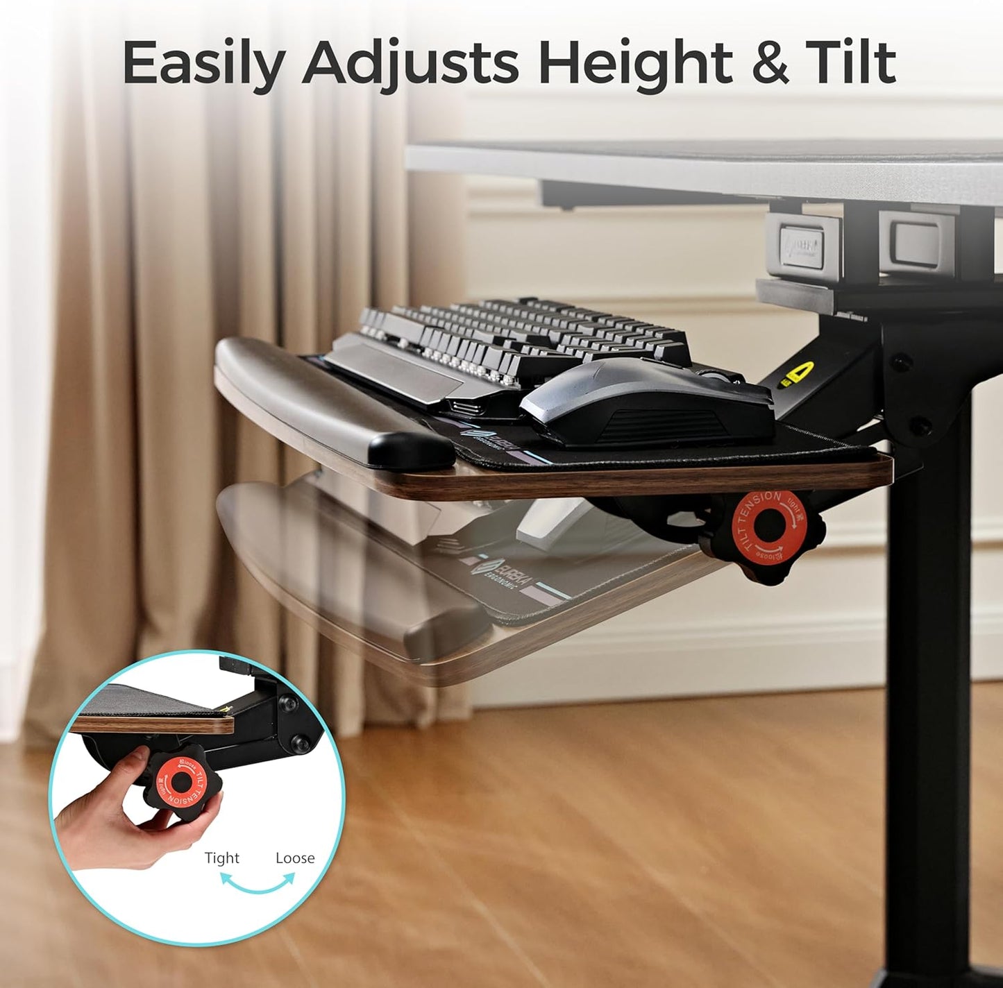 EUREKA ERGONOMIC Keyboard Tray Height Adjustable, Swivel Tilt Computer Keyboard Drawer Under Desk, 25x9.13'' Sliding Keyboard & Mouse Platform with Mouse Pad for Typing, Walnut