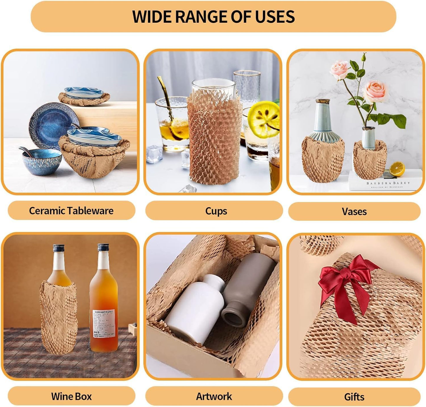 Honeycomb Packing Paper, 15"x300' Honeycomb Cushioning Bubble Wrap Paper Roll for Moving Shipping Breakables Packaging Gifts with 20 Fragile Sticker Biodegradable & Fully Recyclable Brown Kraft