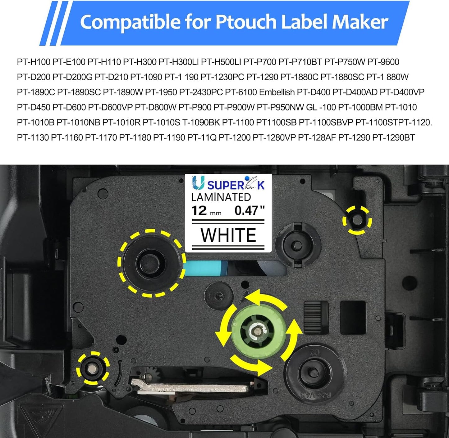 6 Pack 12mm 0.47 Laminated White Tape Compatible for Brother P-Touch Label Maker Tape TZe-231 12mm Label TZe231 1/2 Inch TZe TZ Tapes TZ-231 TZ231 for PT-D210 D200 D220 H100 H110 D400