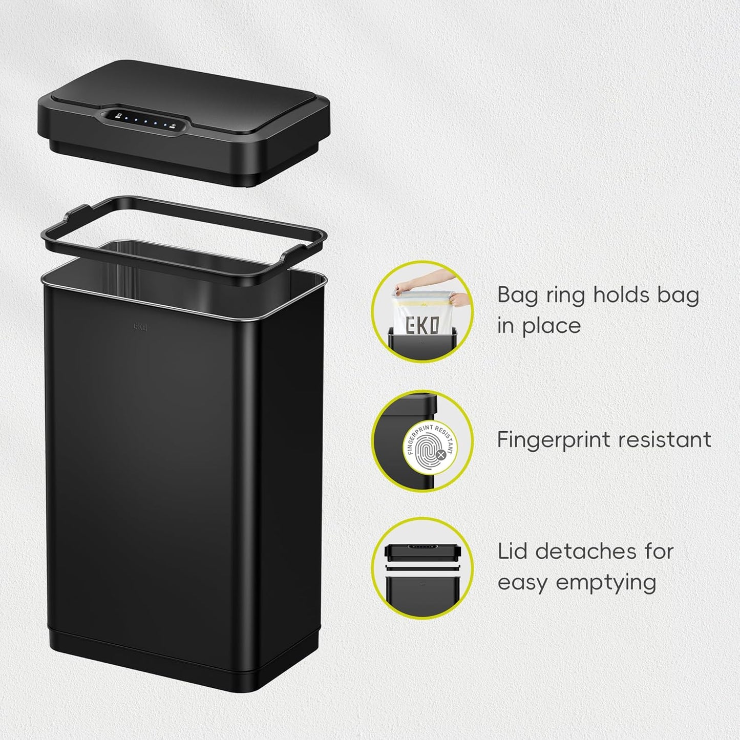 EKO Mirage-T 50 Liter / 13.2 Gallon Touchless Rectangular Motion Sensor Trash Can, Brushed Stainless Steel Finish (Matte Black)