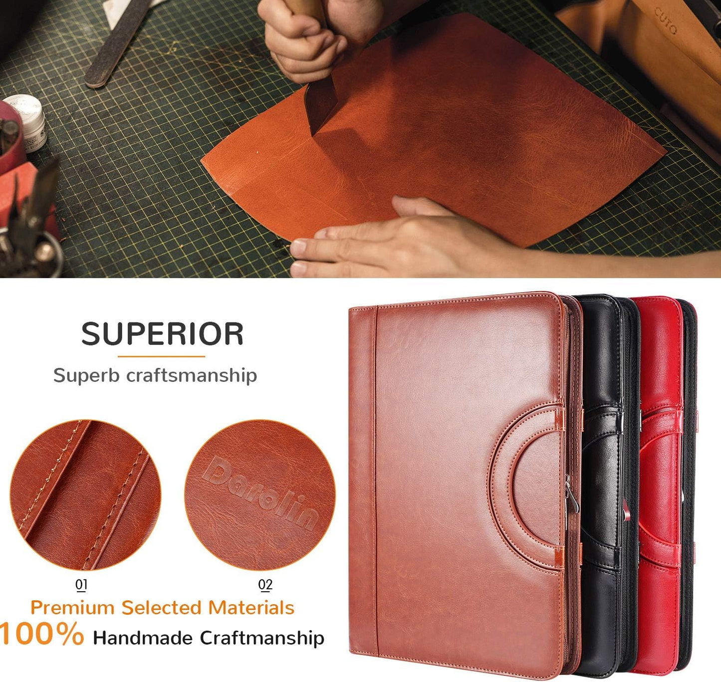 Darolin Zippered Leather Padfolio Portfolio with Hidden Handle and Clipboard, Business Conference Organizer Notepad Folder, Portfolio Bag, Padfolio for Women/Men (Brown)