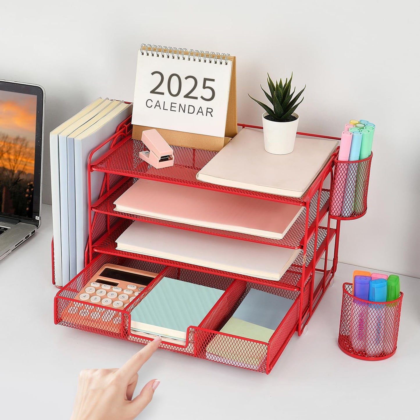 gianotter Paper Letter Tray Organizer with File Holder, 4-Tier Desk Accessories & Workspace Organizers with Drawer and 2 Pen Holder, Desk Organizers and Accessories for Office Supplies (Red)