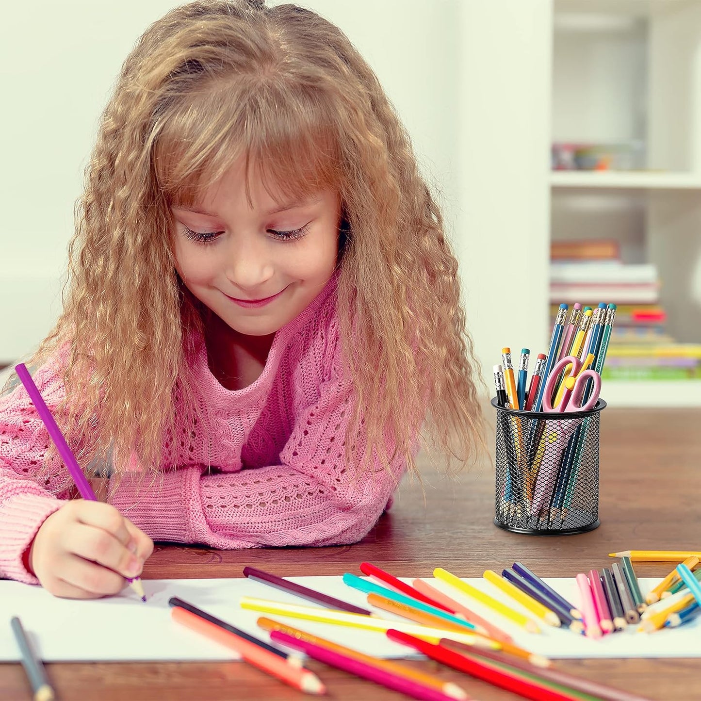 Amazon Basics Wire Mesh Pen Cup, Office Caddy Storage, Black, 3.7" x 3.3"