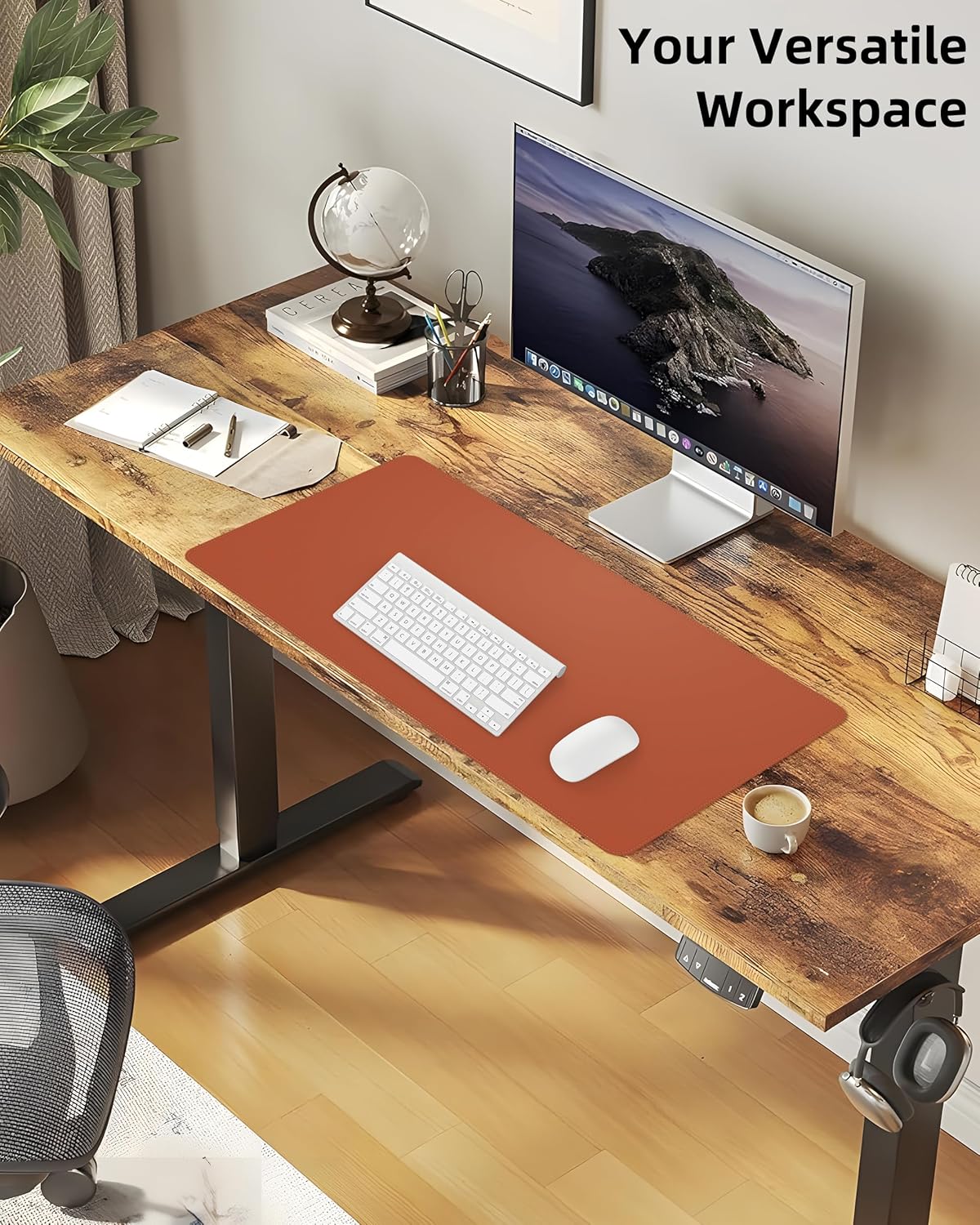 Extra Large Desk Pad Mat - Waterproof Mouse Pad & Desk Protector, Non-Slip XXL PU Leather Gaming Mat for Keyboard/Mouse, Stitched Edge with Ergonomic Support, 55"x17" (Brown)