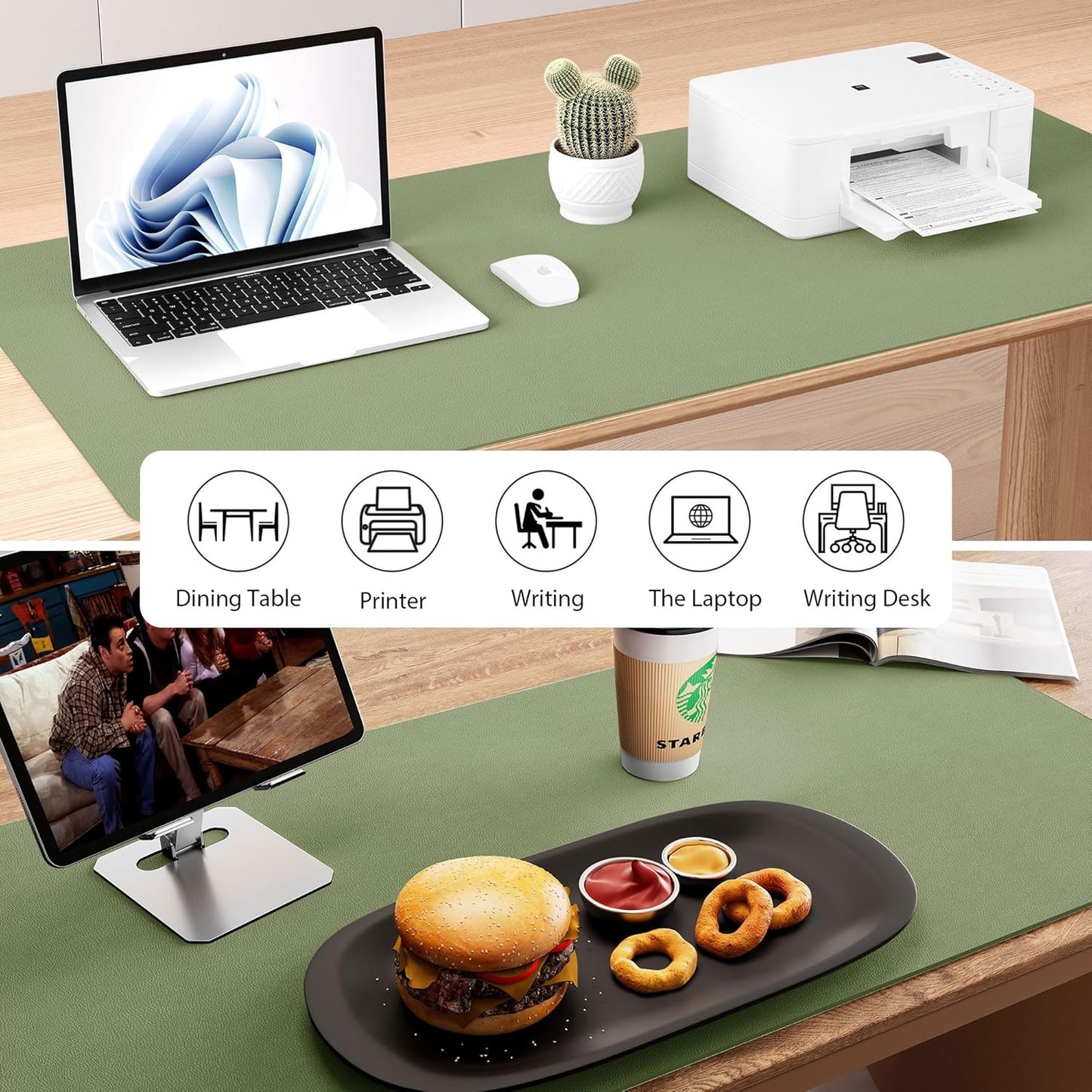 Aothia Dual-Sided Desk Mat - Natural Cork & Leather Desk Protector, Large Mouse Pad & Writing Pad for Office/Home, Olive Green (25.6"x13.7")