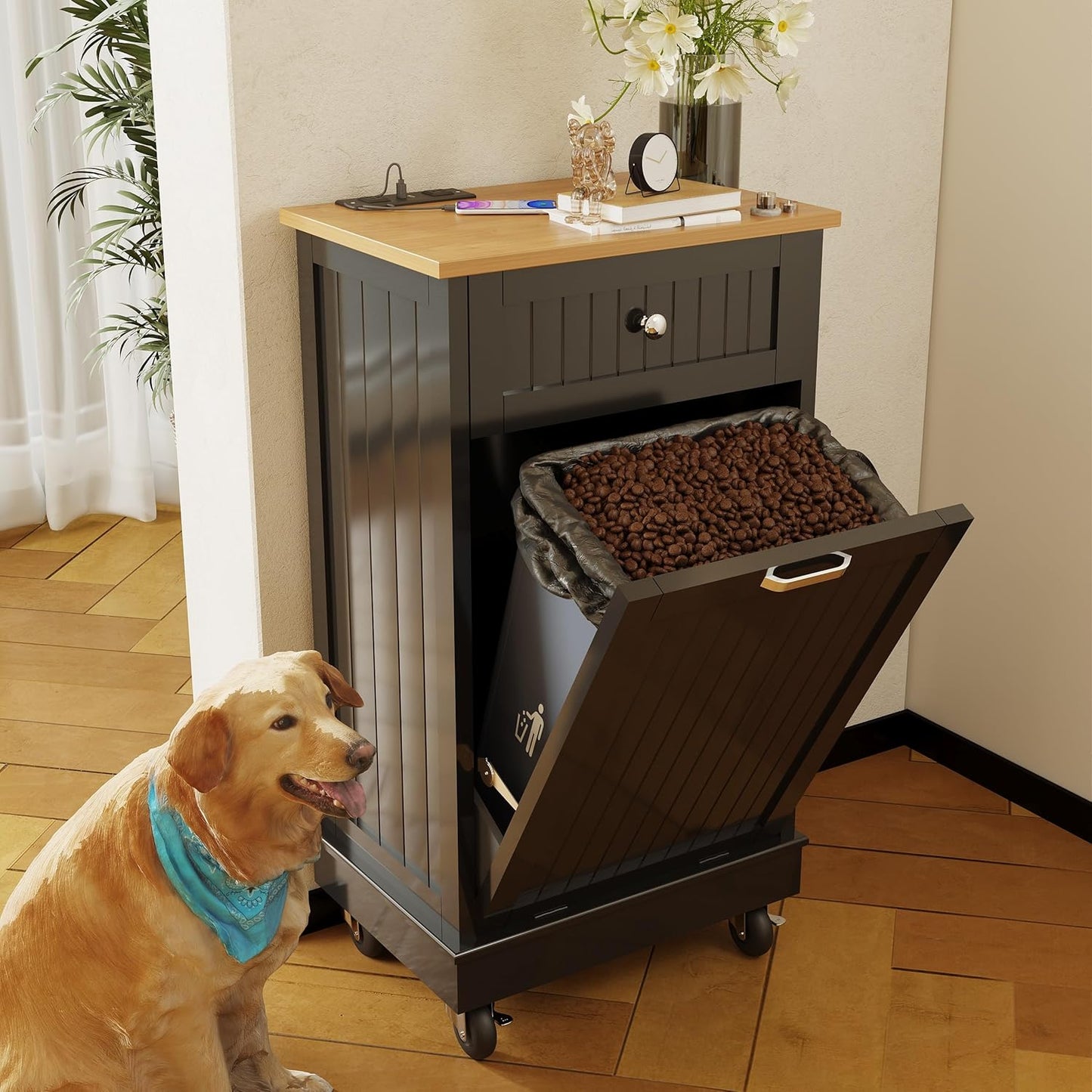 10 Gallon Tilt Out Trash Cabinet, Wooden Kitchen Trash Can Cabinet with Hideaway Drawer, Freestanding Laundry Hamper Garbage Recycling Cabinet on Wheels, Pet Proof, Single, Black