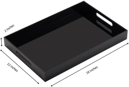 Glossy Black Sturdy Acrylic Serving Tray with Handles-12x16Inch-Serving Coffee,Appetizer,Breakfast,Butler-Kitchen Countertop Tray-Makeup Drawer Organizer-Vanity Table,Ottoman Trays-DecorativeTray
