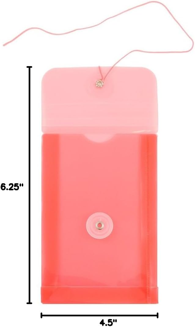 JAM PAPER Plastic Envelopes with Button & String Tie Closure - 4 1/4 x 6 1/4 - Red - 12/Pack